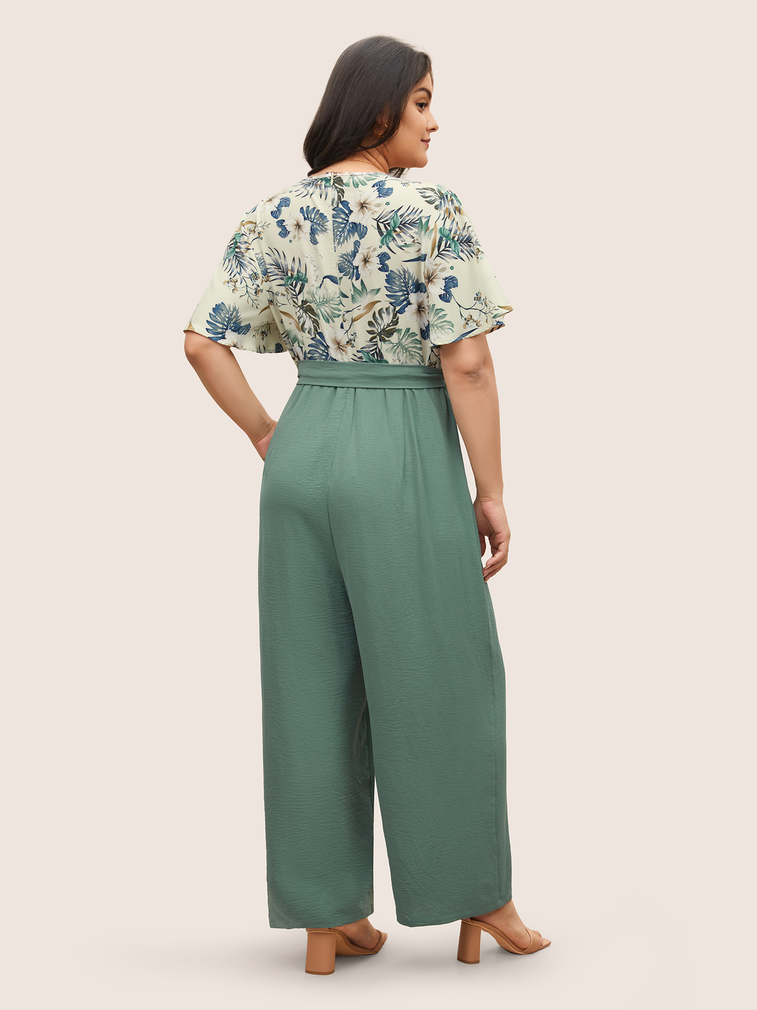 Plus Size Mint Plants Print Patchwork Belted Wrap Jumpsuit Women Resort Short sleeve Overlap Collar Vacation Loose Jumpsuits BloomChic 22-24/3X 