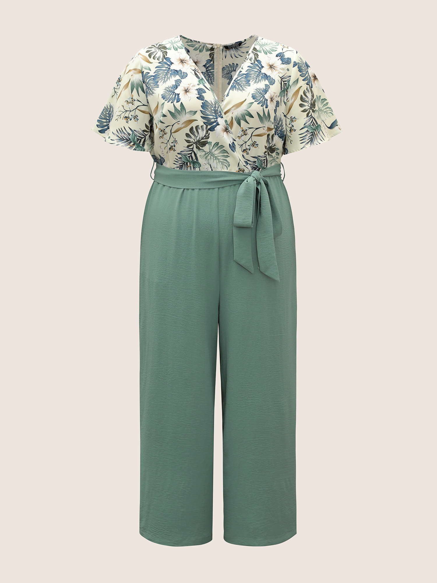 Plus Size Mint Plants Print Patchwork Belted Wrap Jumpsuit Women Resort Short sleeve Overlap Collar Vacation Loose Jumpsuits BloomChic 22-24/3X 