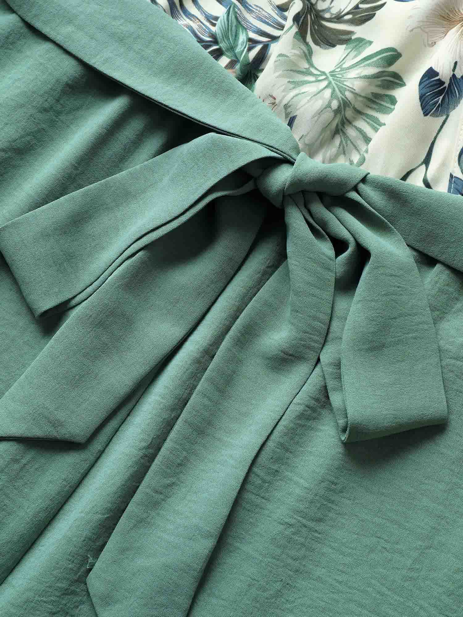 Plus Size Mint Plants Print Patchwork Belted Wrap Jumpsuit Women Resort Short sleeve Overlap Collar Vacation Loose Jumpsuits BloomChic 22-24/3X 