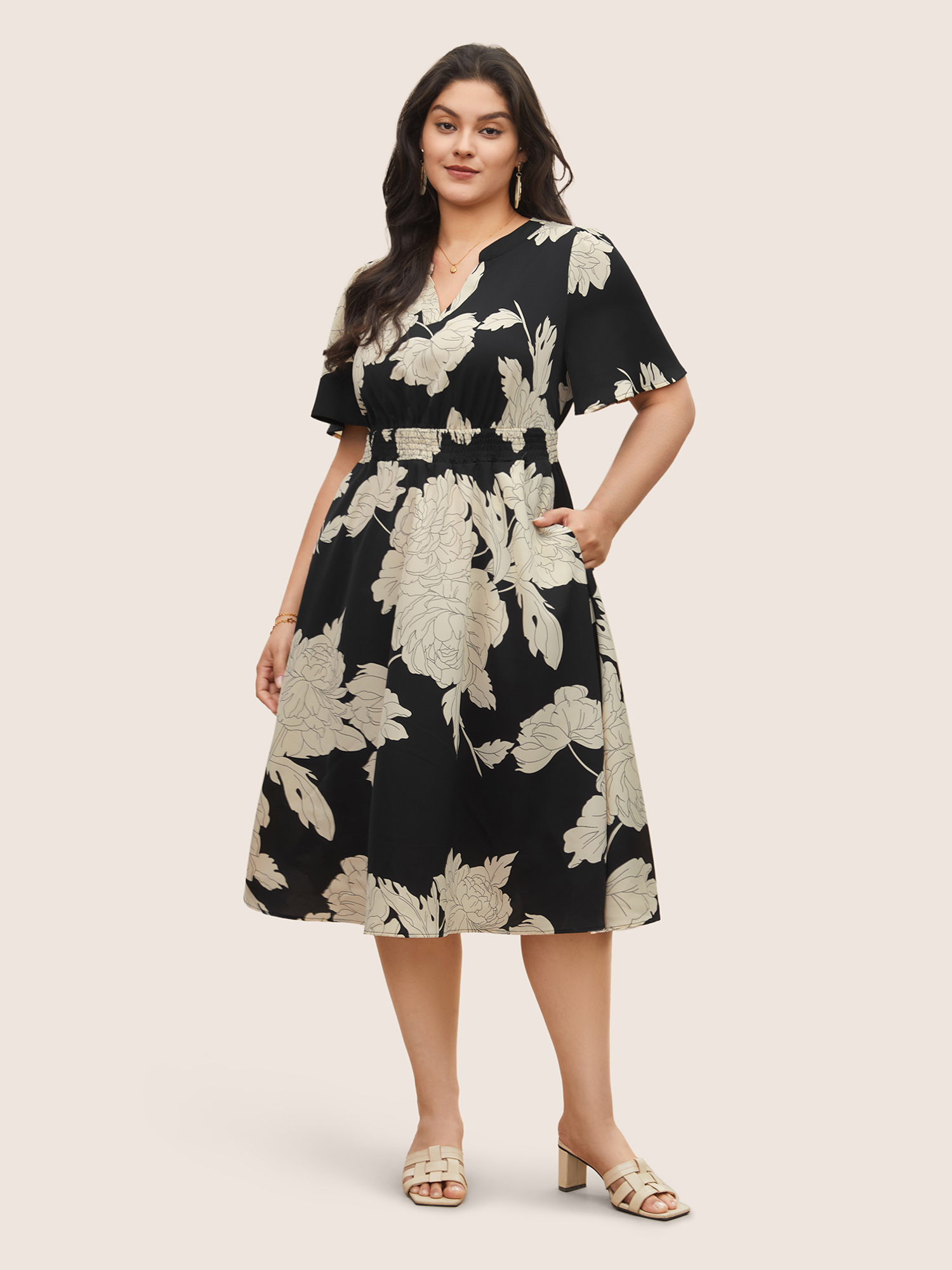 

Plus Size Floral Print Notched Belted Flutter Sleeve Dress Black Women Elegant Non Notched collar Short sleeve Curvy Midi Dress BloomChic