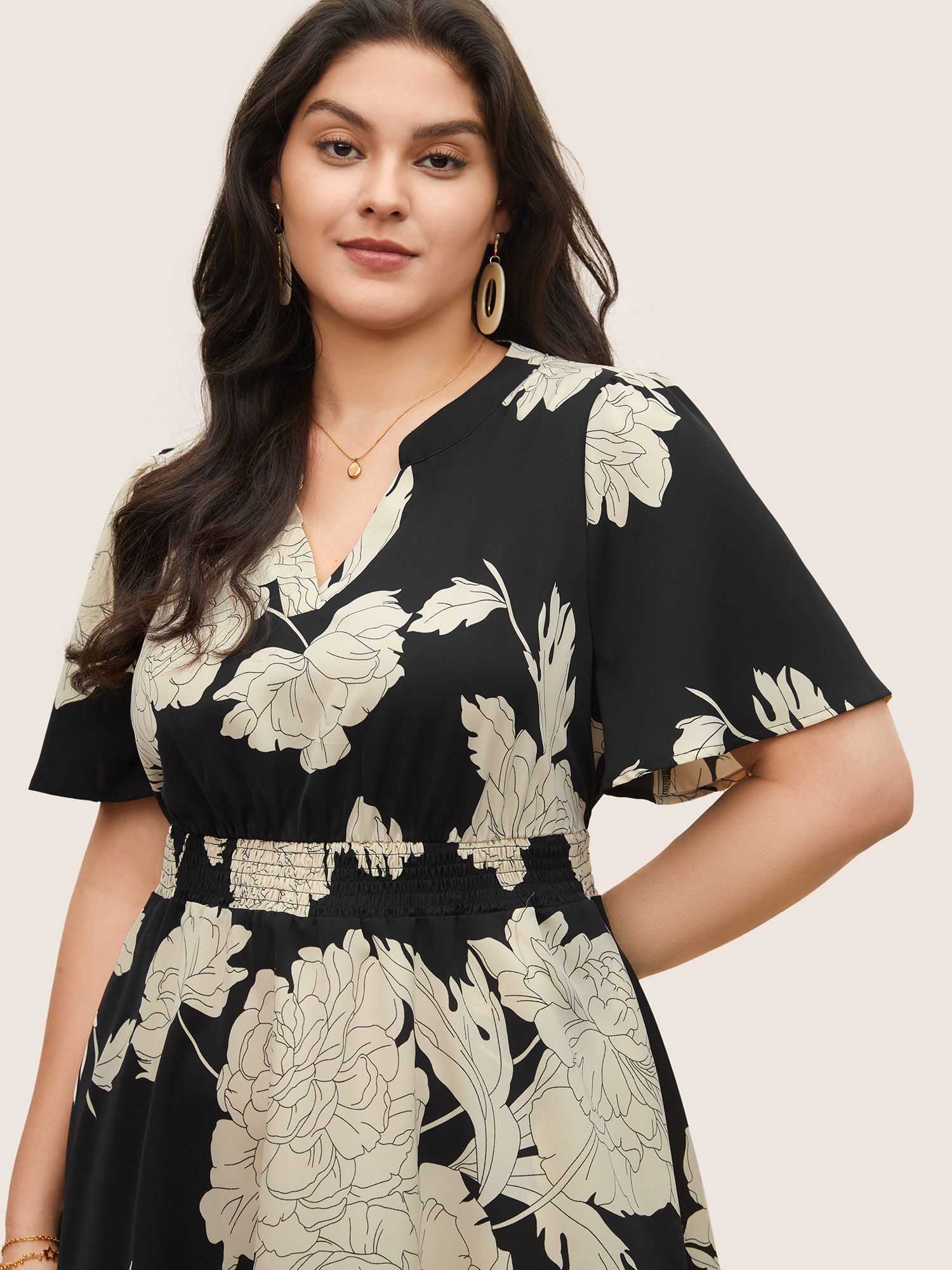 

Plus Size Floral Print Notched Belted Flutter Sleeve Dress Black Women Non Curvy Midi Dress BloomChic