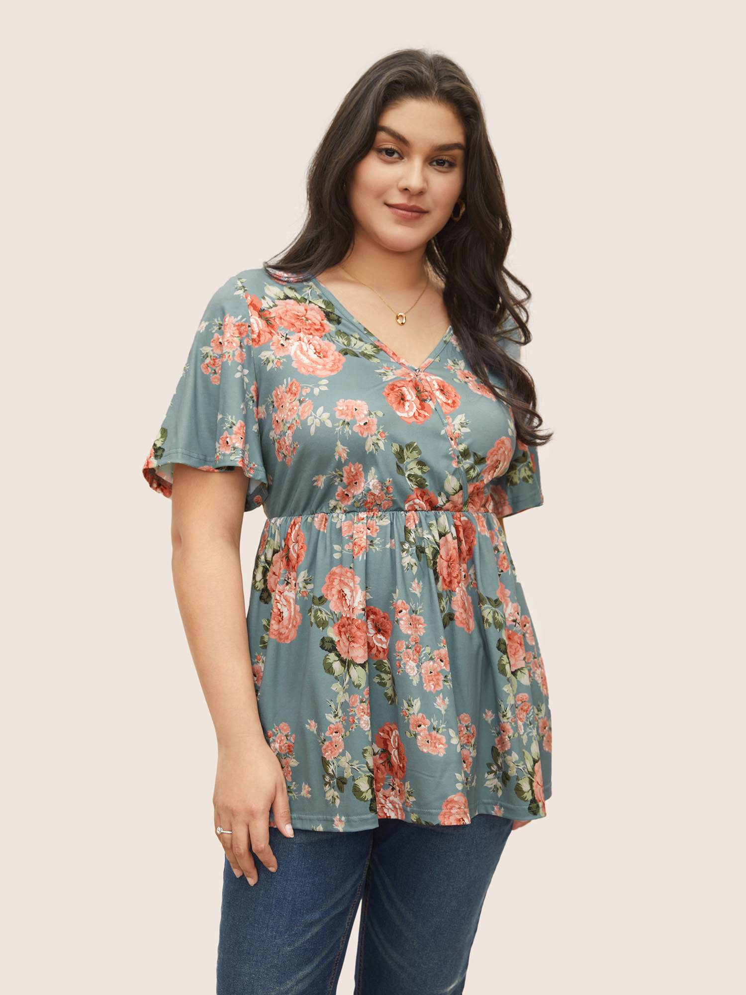 

Plus Size Overlap Collar Floral Flutter Sleeve T-shirt Multicolor Overlap Collar Short sleeve Elegant Jersey Tops