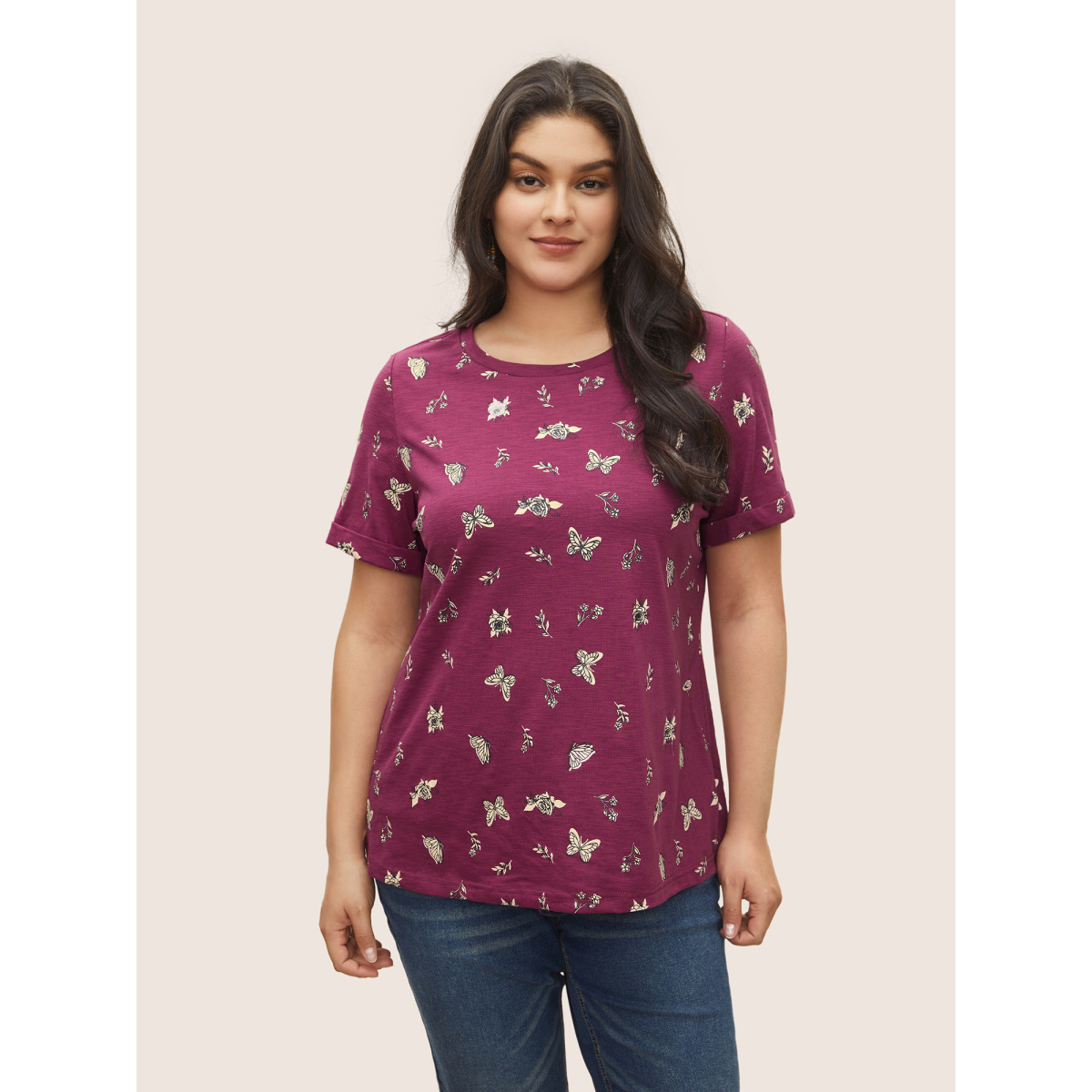 

Plus Size Butterfly Print Cuffed Sleeve T-shirt Purple Women Resort Non Animal Round Neck Vacation T-shirts BloomChic