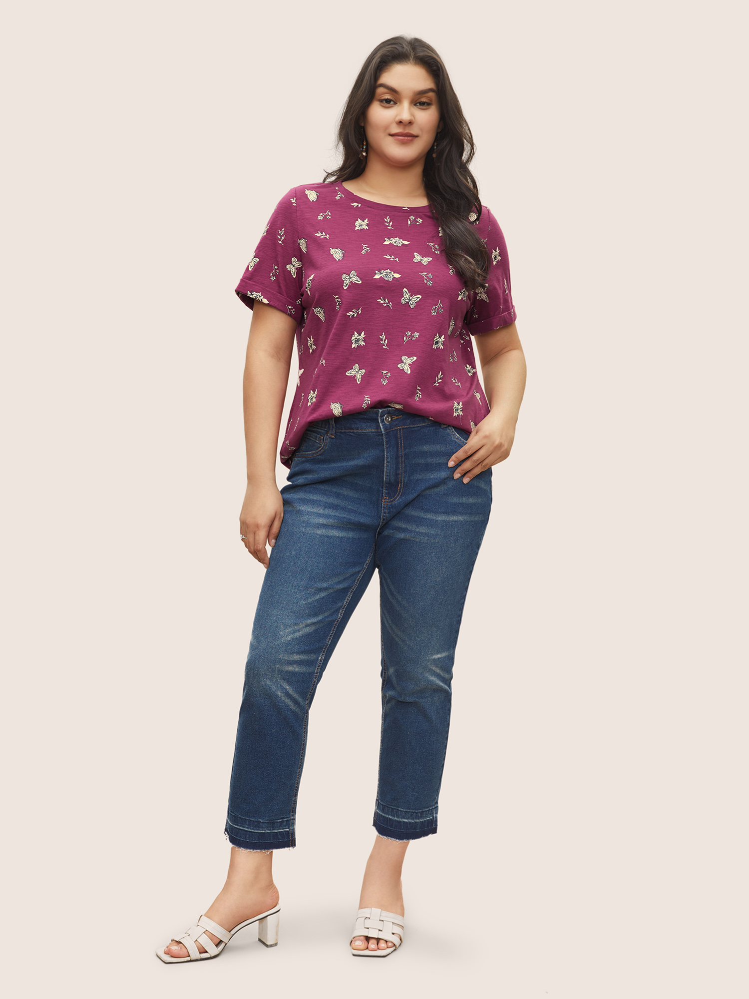 Plus Size Butterfly Print Cuffed Sleeve T-shirt Purple Women Resort Non Animal Round Neck Vacation T-shirts BloomChic 12/L 