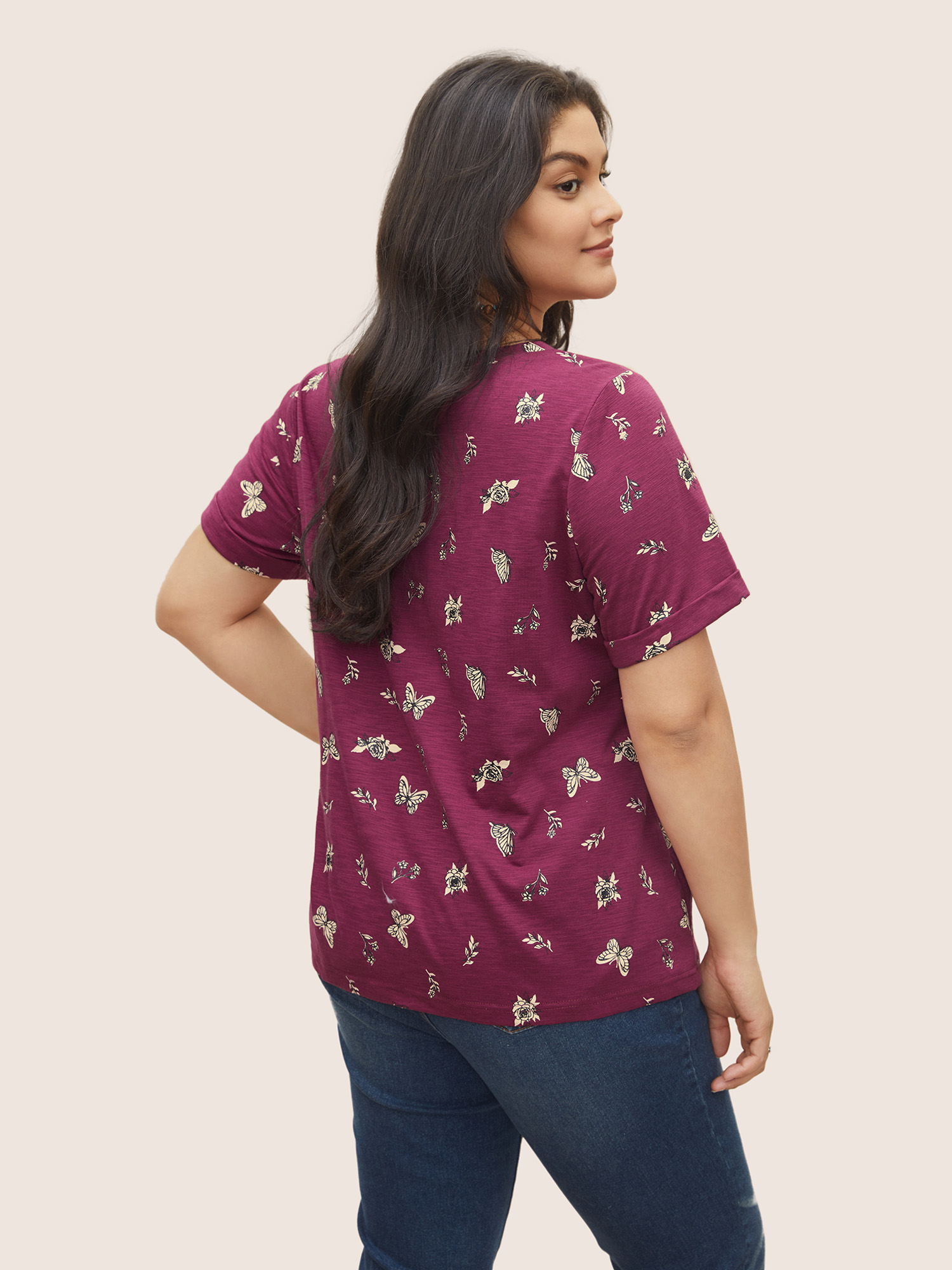 Plus Size Butterfly Print Cuffed Sleeve T-shirt Purple Women Resort Non Animal Round Neck Vacation T-shirts BloomChic 12/L 