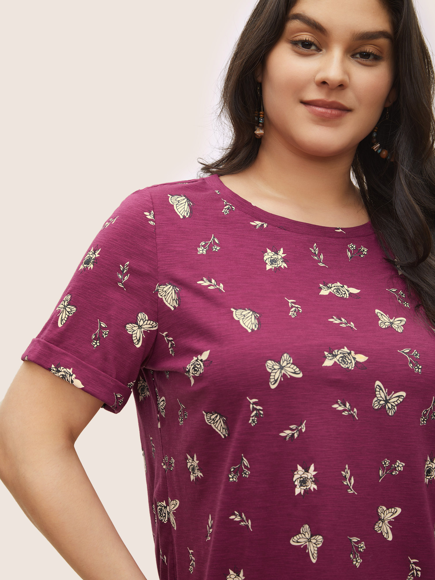 Plus Size Butterfly Print Cuffed Sleeve T-shirt Purple Women Resort Non Animal Round Neck Vacation T-shirts BloomChic 12/L 