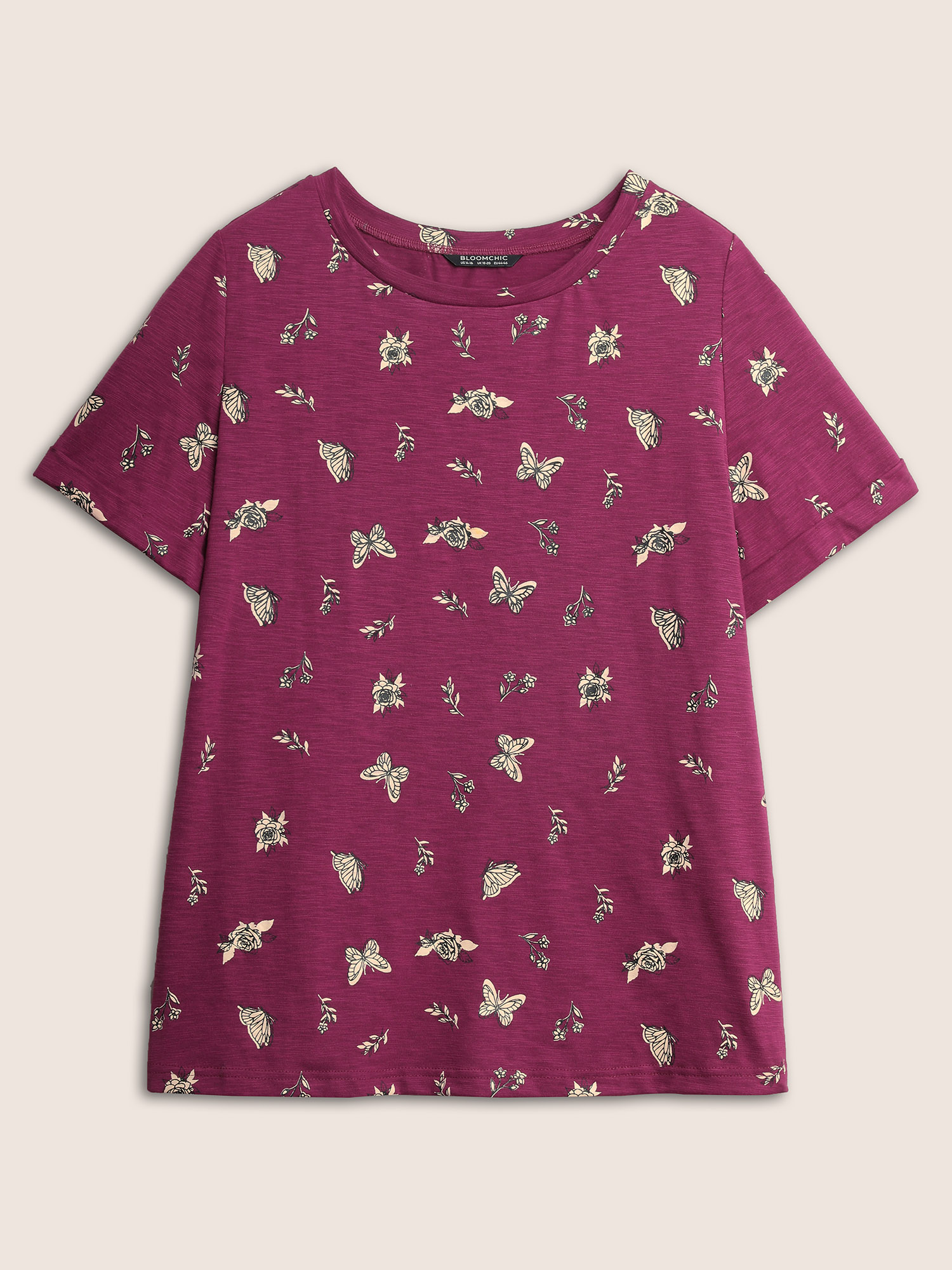 Plus Size Butterfly Print Cuffed Sleeve T-shirt Purple Women Resort Non Animal Round Neck Vacation T-shirts BloomChic 12/L 