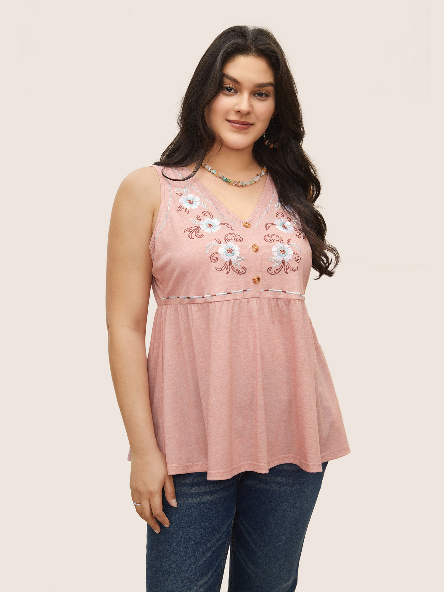 

Plus Size Floral Embroidered Button Detail Tank Top Women MistyRose Resort Embroidered V-neck Vacation Tank Tops Camis BloomChic