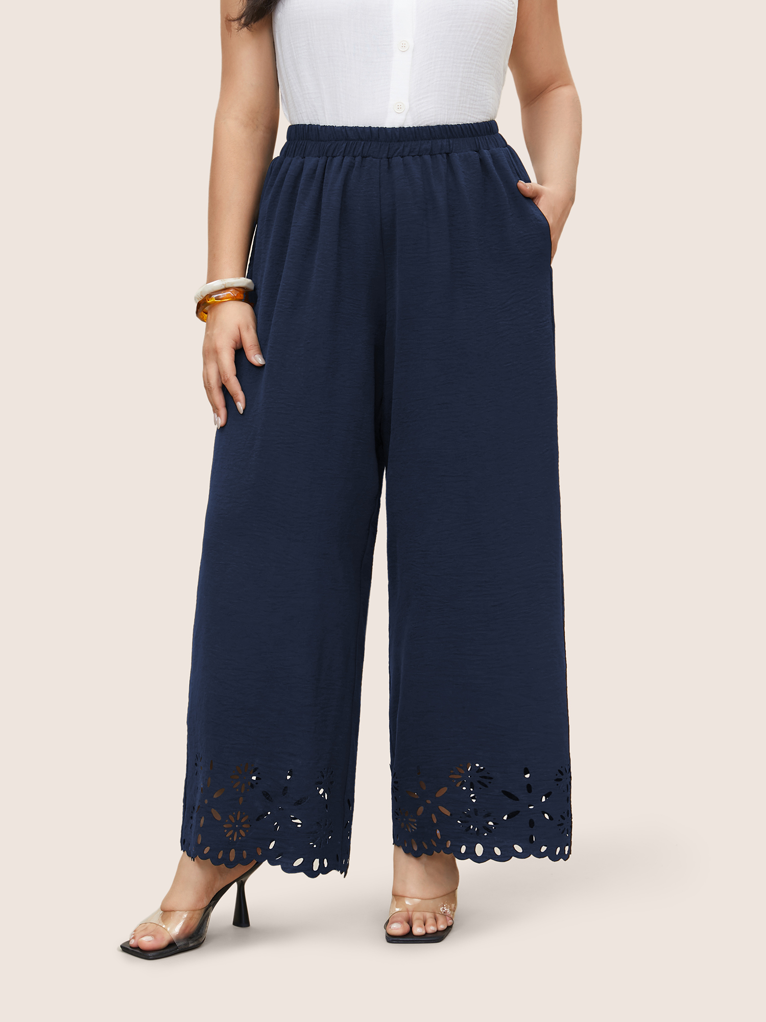 

Plus Size Laser Cut Elastic Waist Wide Leg Pants Women DarkBlue Elegant Wide Leg High Rise Everyday Pants BloomChic