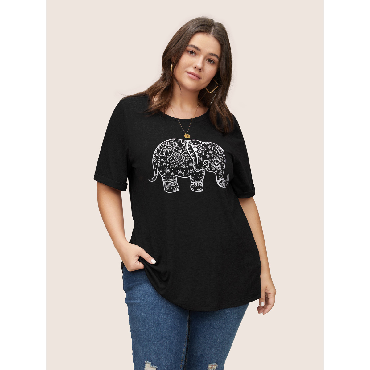 

Plus Size Art & Design Elephant Print T-shirt Black Women Casual Non Art&design Round Neck Everyday T-shirts BloomChic