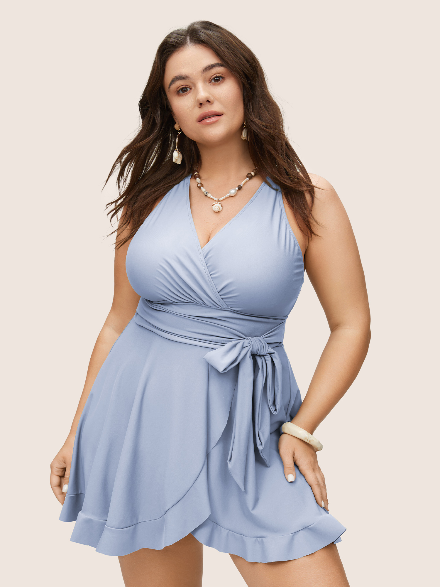 

Plus Size Plain Ties Wrap Flutters Swim Dress Women's Swimwear LightBlue Beach Bodycon Overlap Collar High stretch Curve Swim Dresses BloomChic