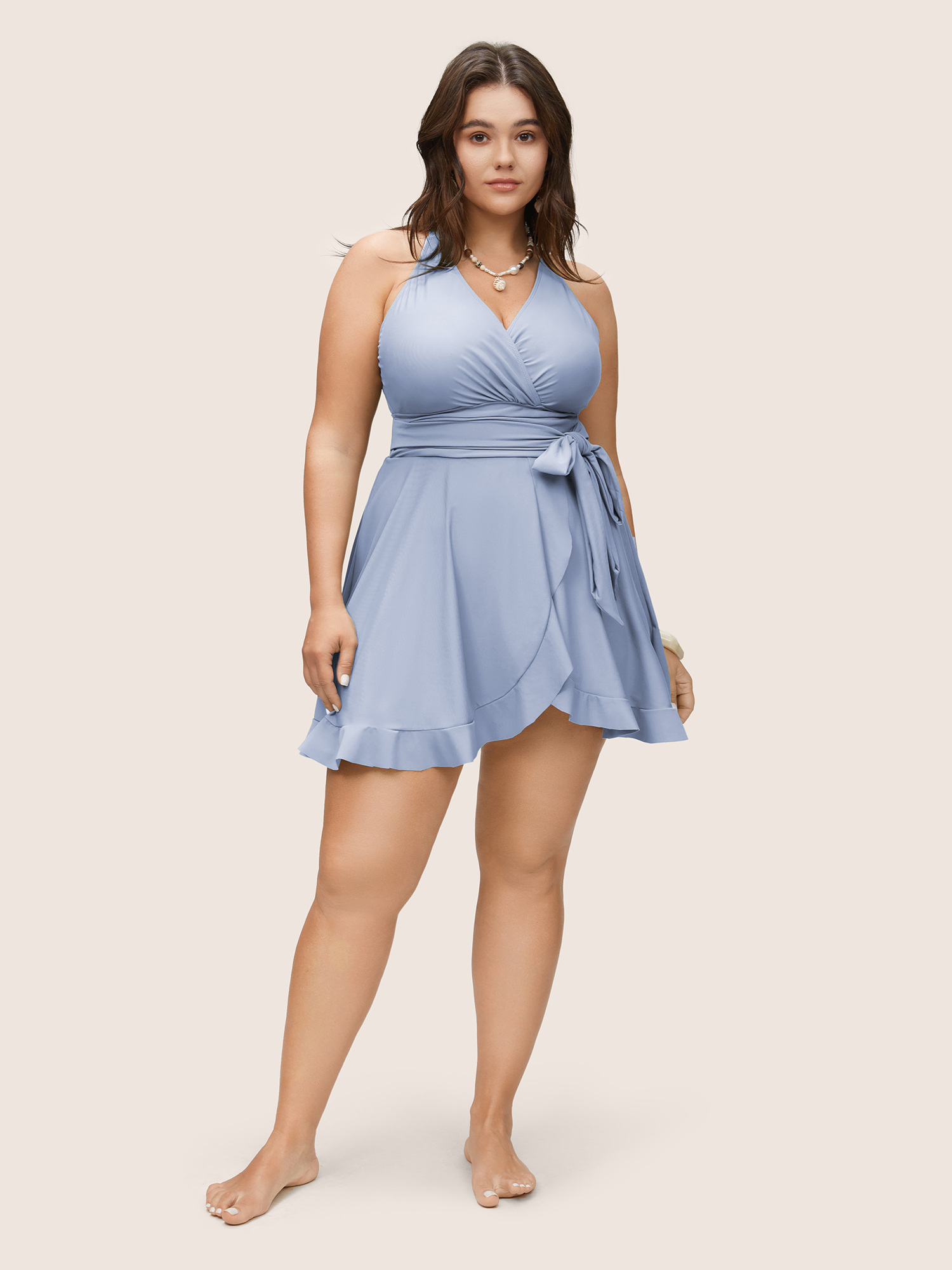 Plus Size Plain Ties Wrap Flutters Swim Dress Women`s Swimwear LightBlue Beach Bodycon Overlap Collar High stretch Curve Swim Dresses BloomChic 26/4X 