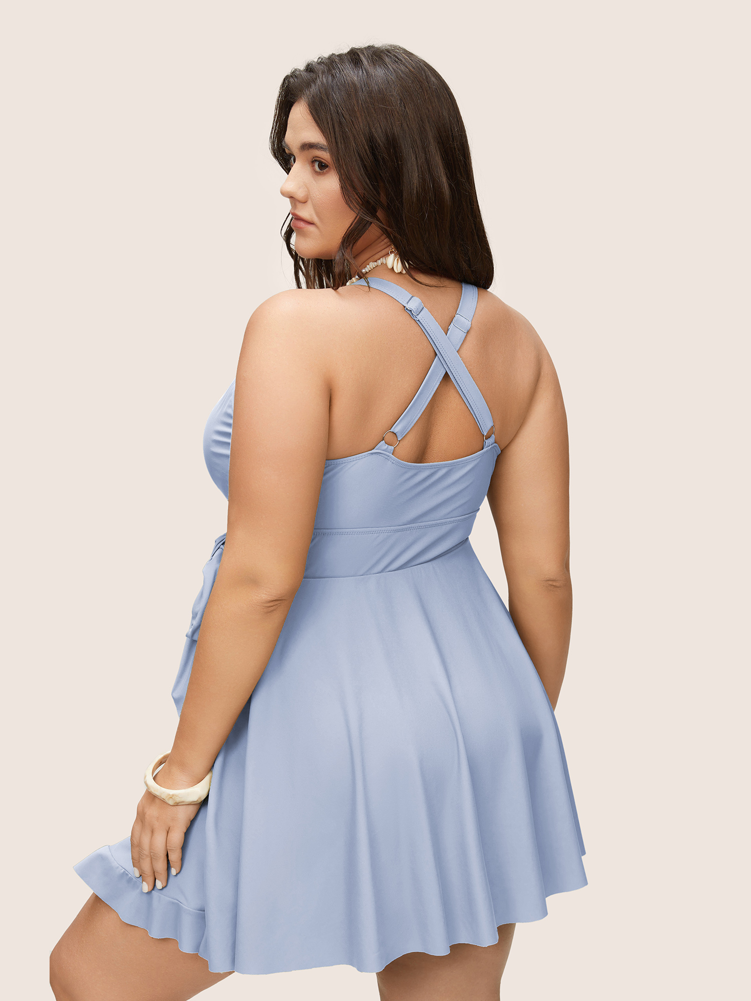 Plus Size Plain Ties Wrap Flutters Swim Dress Women`s Swimwear LightBlue Beach Bodycon Overlap Collar High stretch Curve Swim Dresses BloomChic 26/4X 