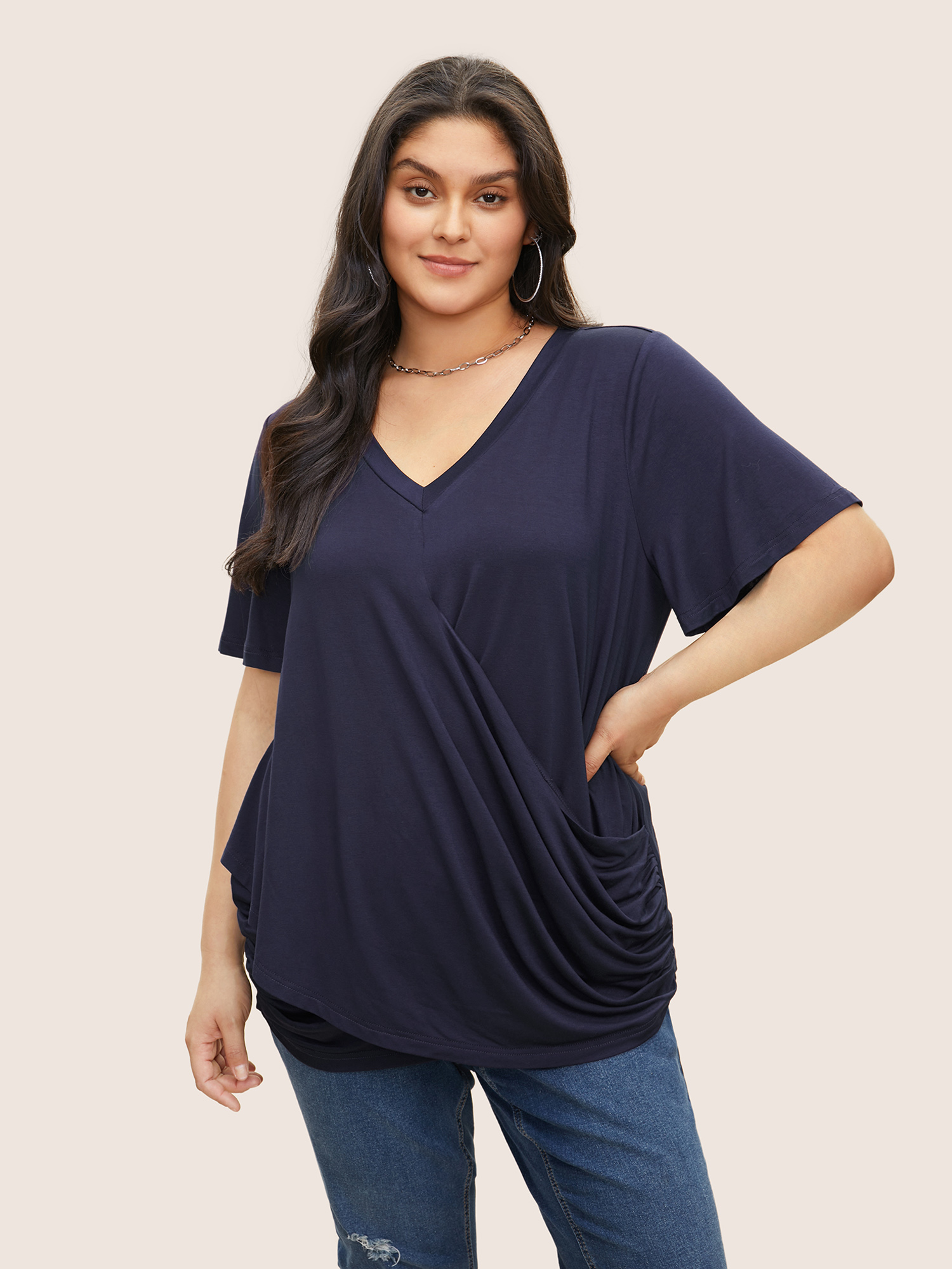 

Plus Size Supersoft Essentials Solid Wrap Hem T-shirt Midnight V-neck Short sleeve Casual Jersey Tops