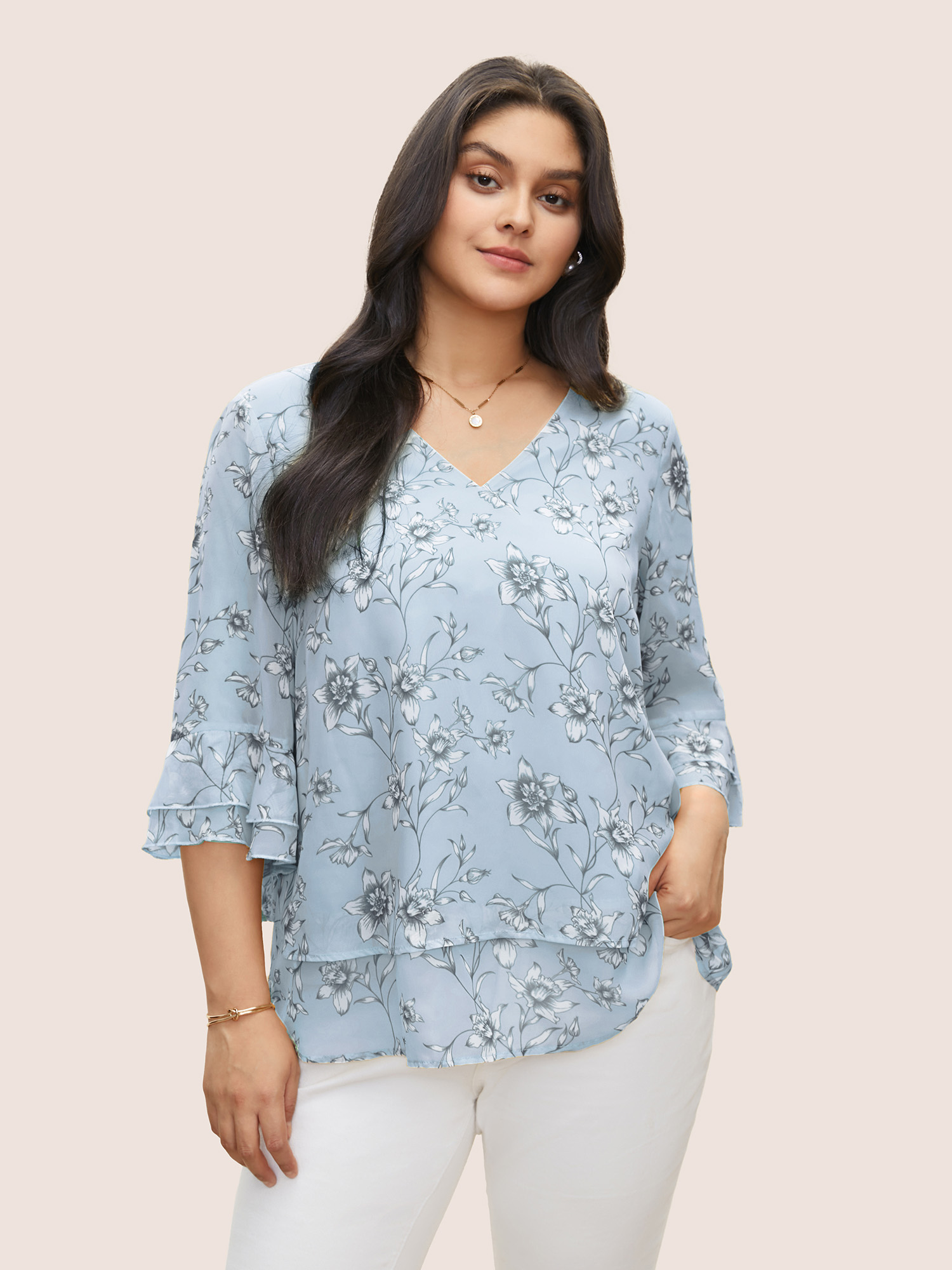 

Plus Size LightBlue Daffodils Print Tiered Ruffle Sleeve Mesh Blouse Women Elegant Elbow-length sleeve V-neck Everyday Blouses BloomChic