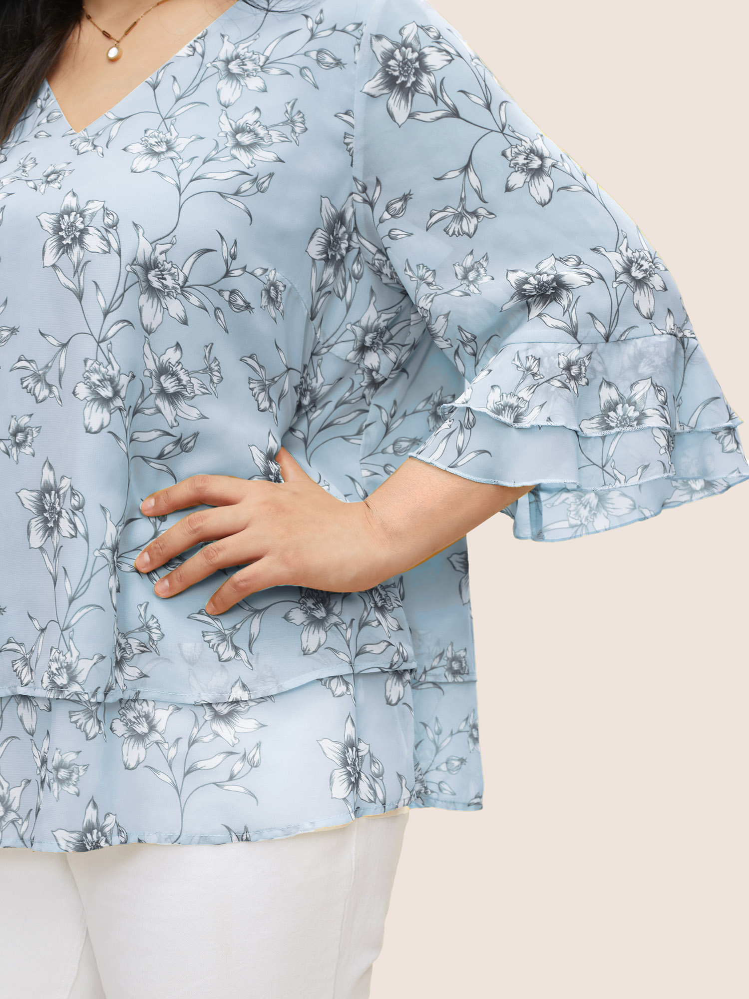 

Plus Size LightBlue Daffodils Print Tiered Ruffle Sleeve Mesh Blouse Women Elegant Elbow-length sleeve V-neck Everyday Blouses BloomChic