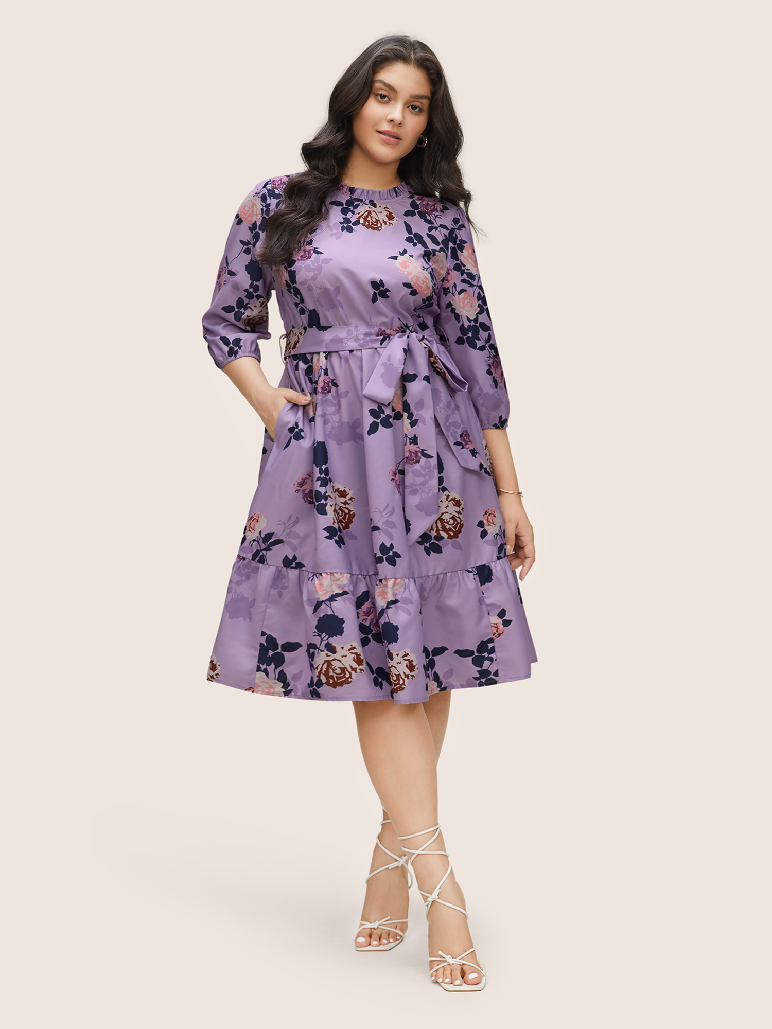 

Plus Size Floral Print Belted Pocket Frill Trim Dress Lilac Women Elegant Non Round Neck Elbow-length sleeve Curvy Knee Dress BloomChic