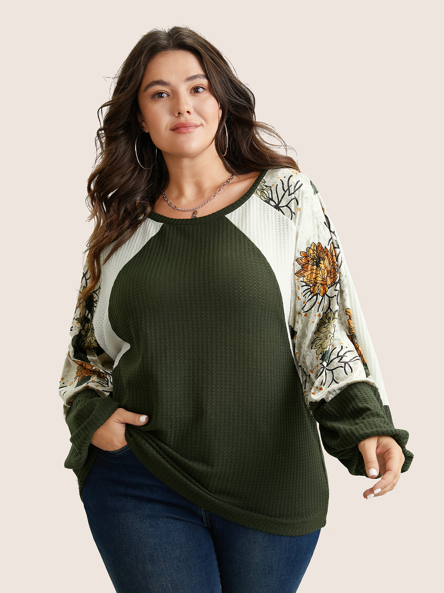 

Plus Size Waffle Knit Patchwork Floral Print T-shirt ArmyGreen Women Casual Velvet Floral Round Neck Everyday T-shirts BloomChic