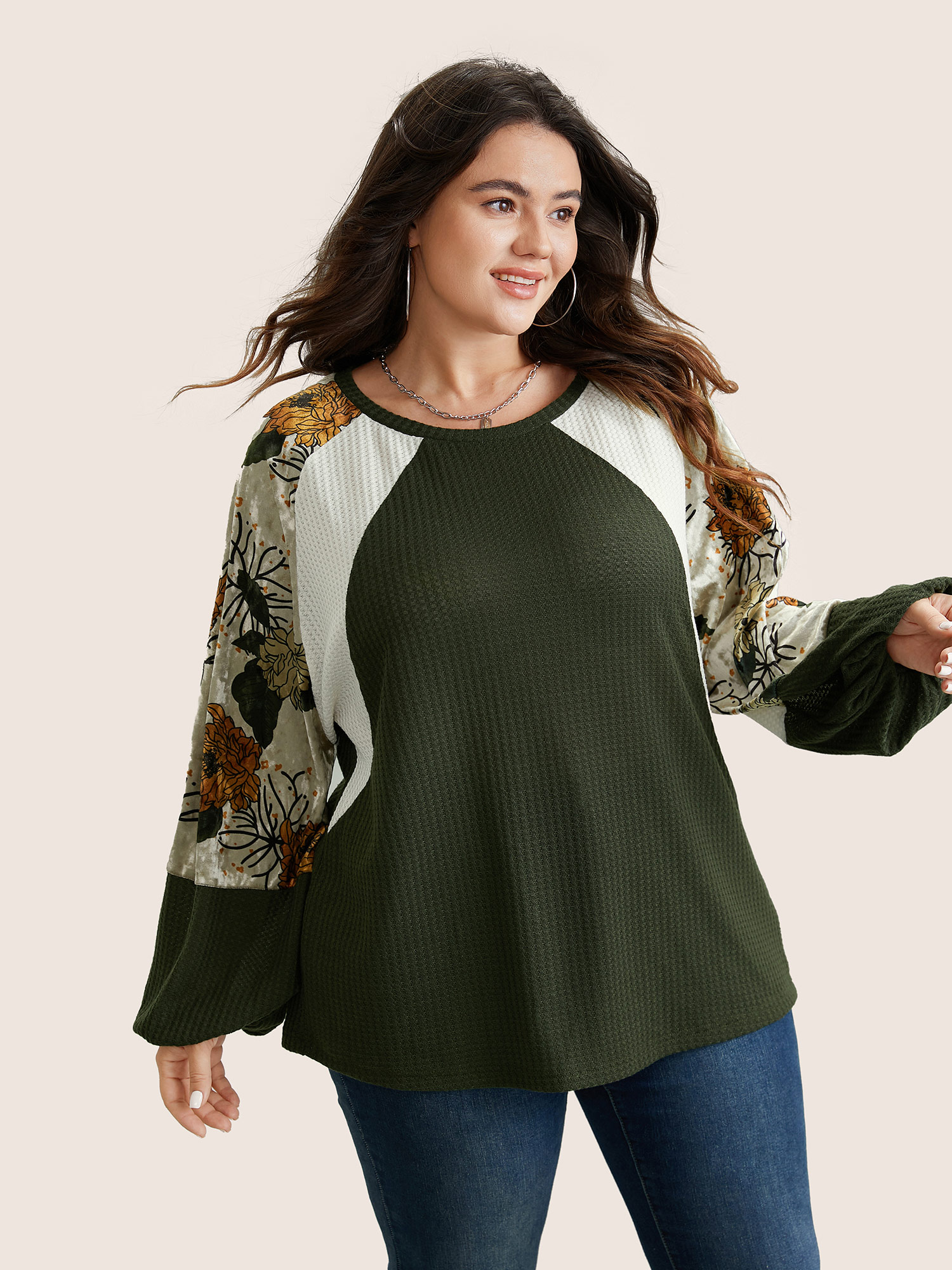 

Plus Size Waffle Knit Patchwork Floral Print T-shirt ArmyGreen Women Casual Velvet Floral Round Neck Everyday T-shirts BloomChic