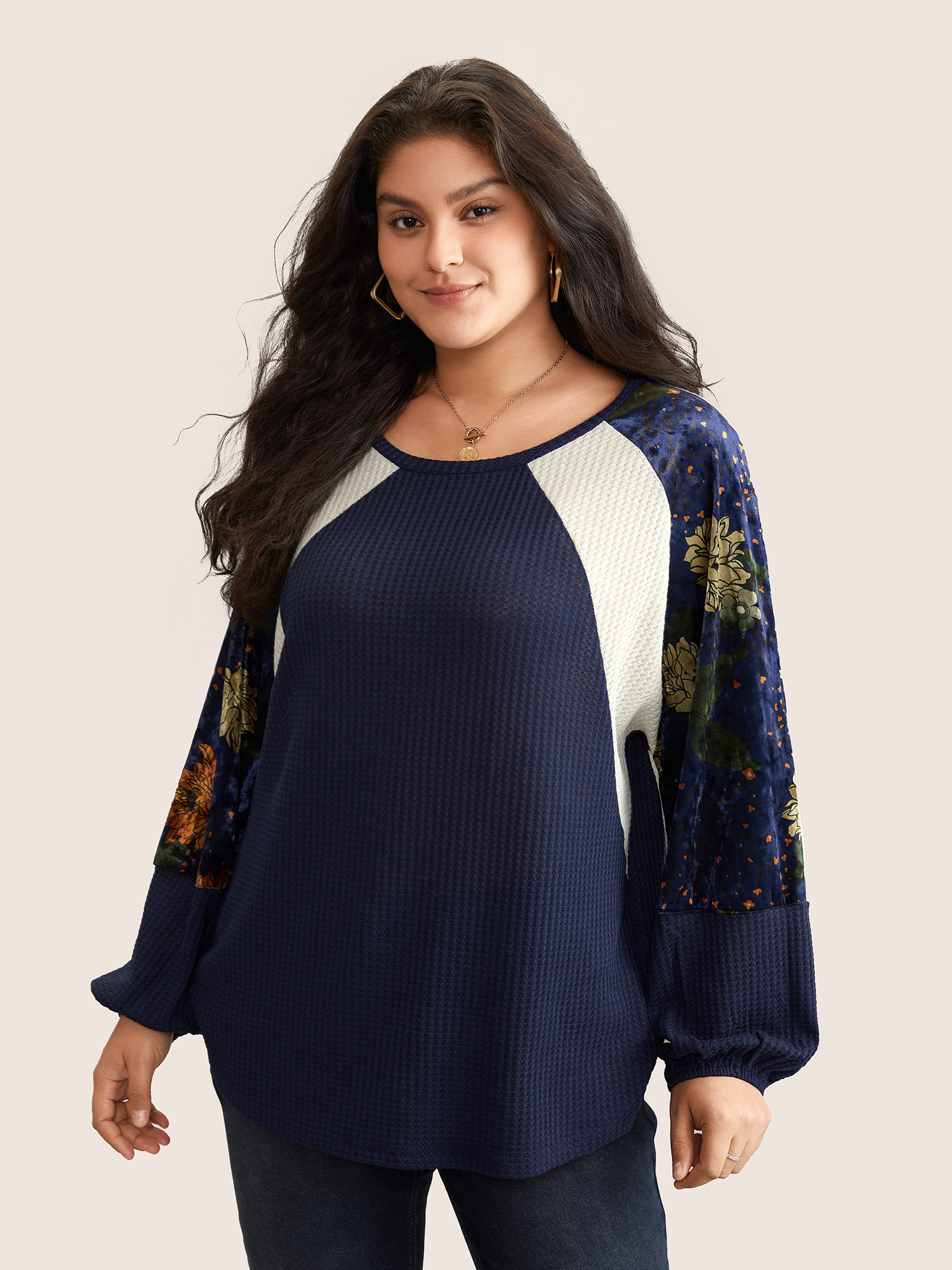 

Plus Size Waffle Knit Patchwork Floral Print T-shirt Blue Women Casual Velvet Floral Round Neck Everyday T-shirts BloomChic