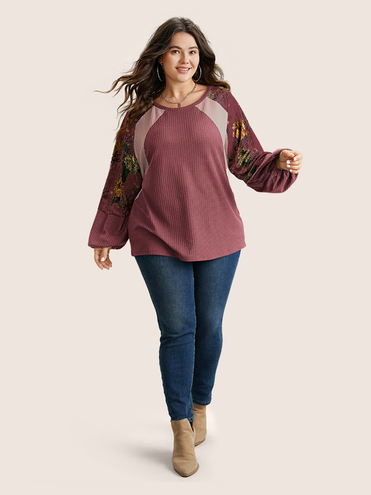 

Plus Size Waffle Knit Patchwork Floral Print T-shirt DustyPink Women Casual Velvet Floral Round Neck Everyday T-shirts BloomChic