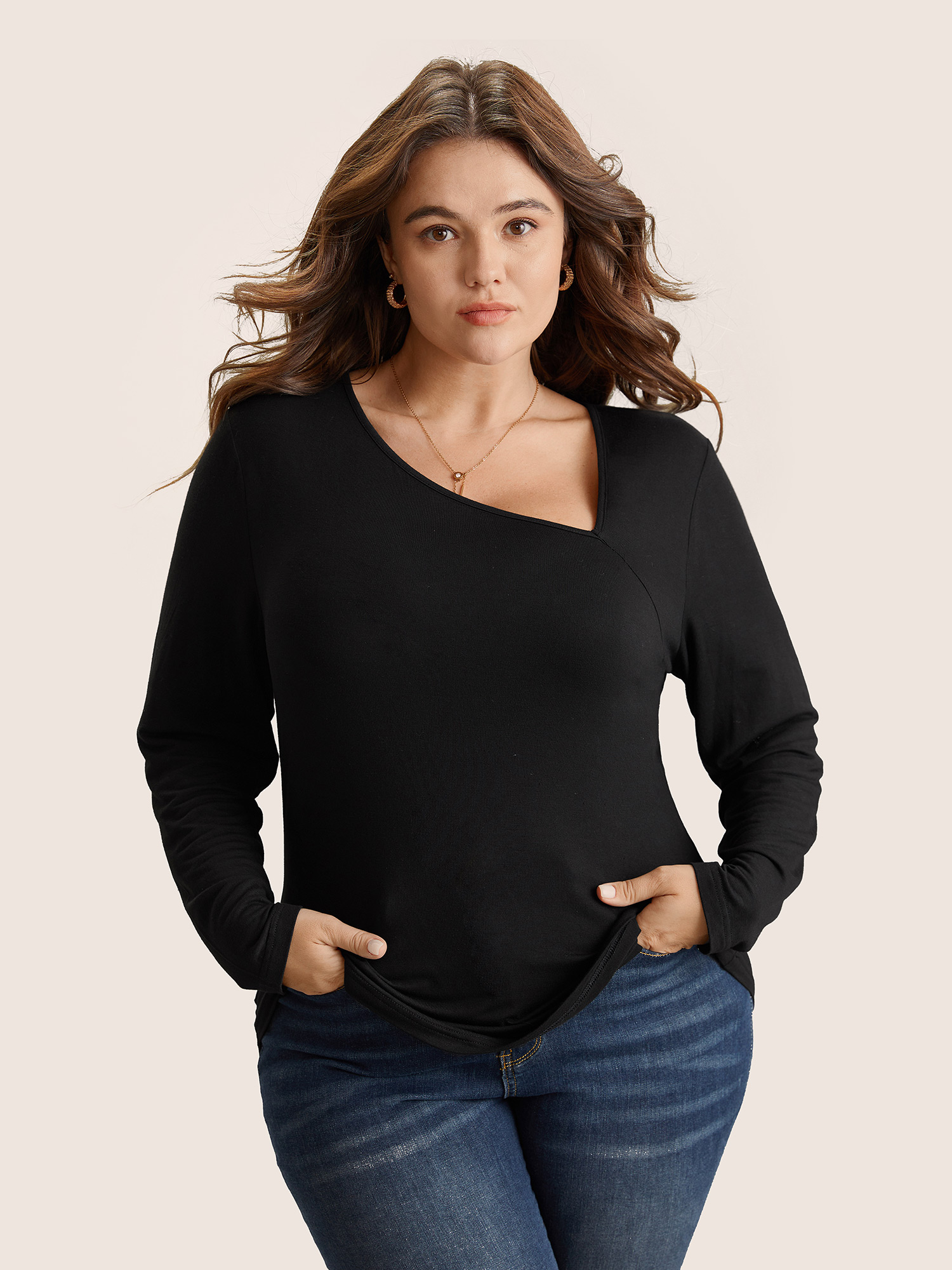 

Plus Size Solid Asymmetrical Neck Knit T-shirt Black Women Elegant Non Plain Asymmetrical Neck Everyday T-shirts BloomChic