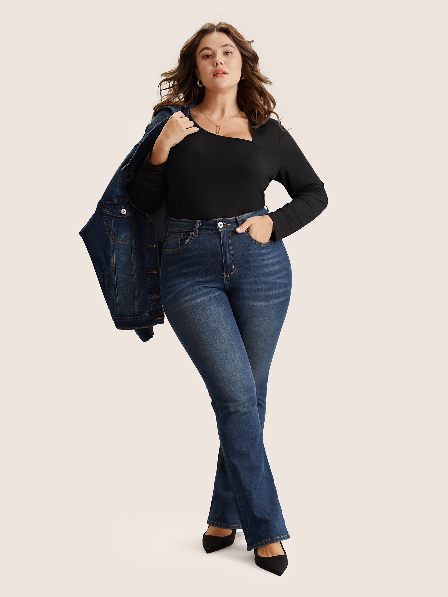 Plus Size Solid Asymmetrical Neck Knit T-shirt Black Women Elegant Non Plain Asymmetrical Neck Everyday T-shirts BloomChic 18-20/2X 