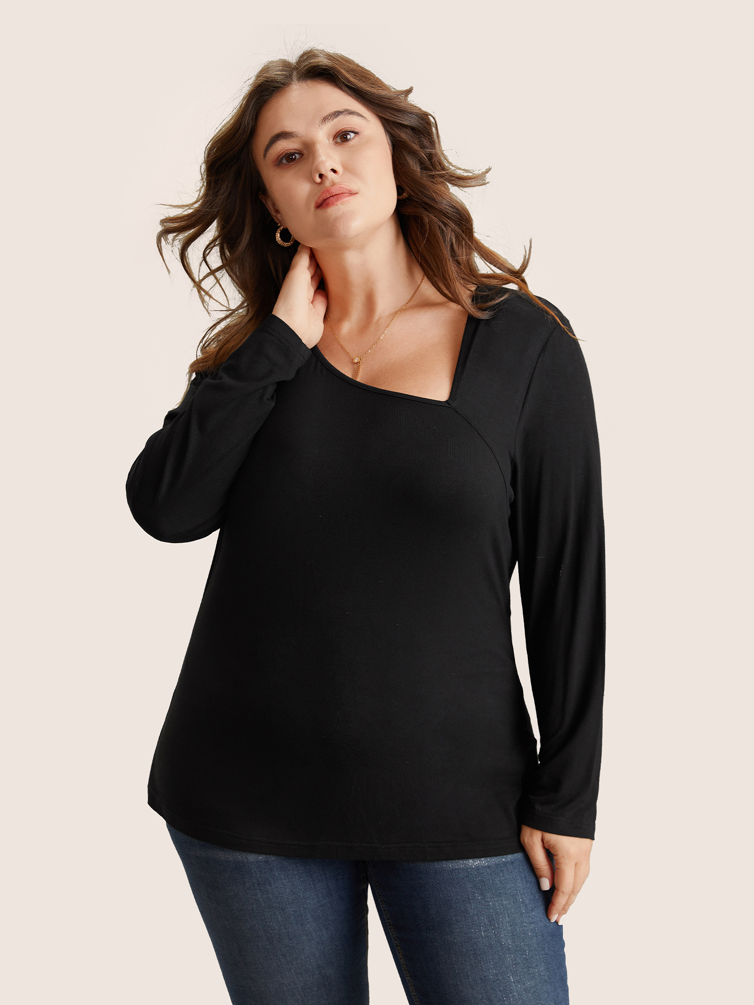 Plus Size Solid Asymmetrical Neck Knit T-shirt Black Women Elegant Non Plain Asymmetrical Neck Everyday T-shirts BloomChic 18-20/2X 