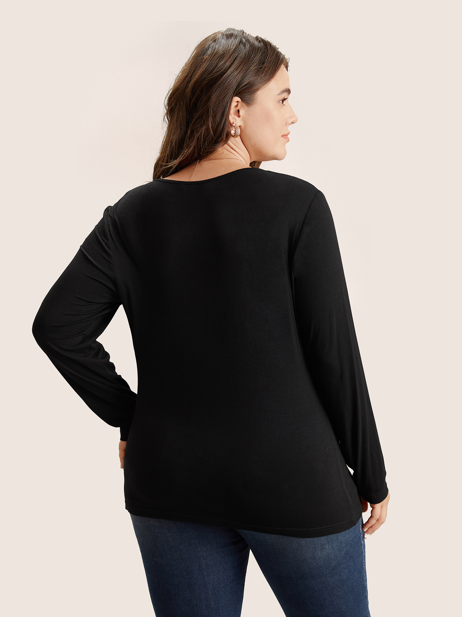 Plus Size Solid Asymmetrical Neck Knit T-shirt Black Women Elegant Non Plain Asymmetrical Neck Everyday T-shirts BloomChic 18-20/2X 