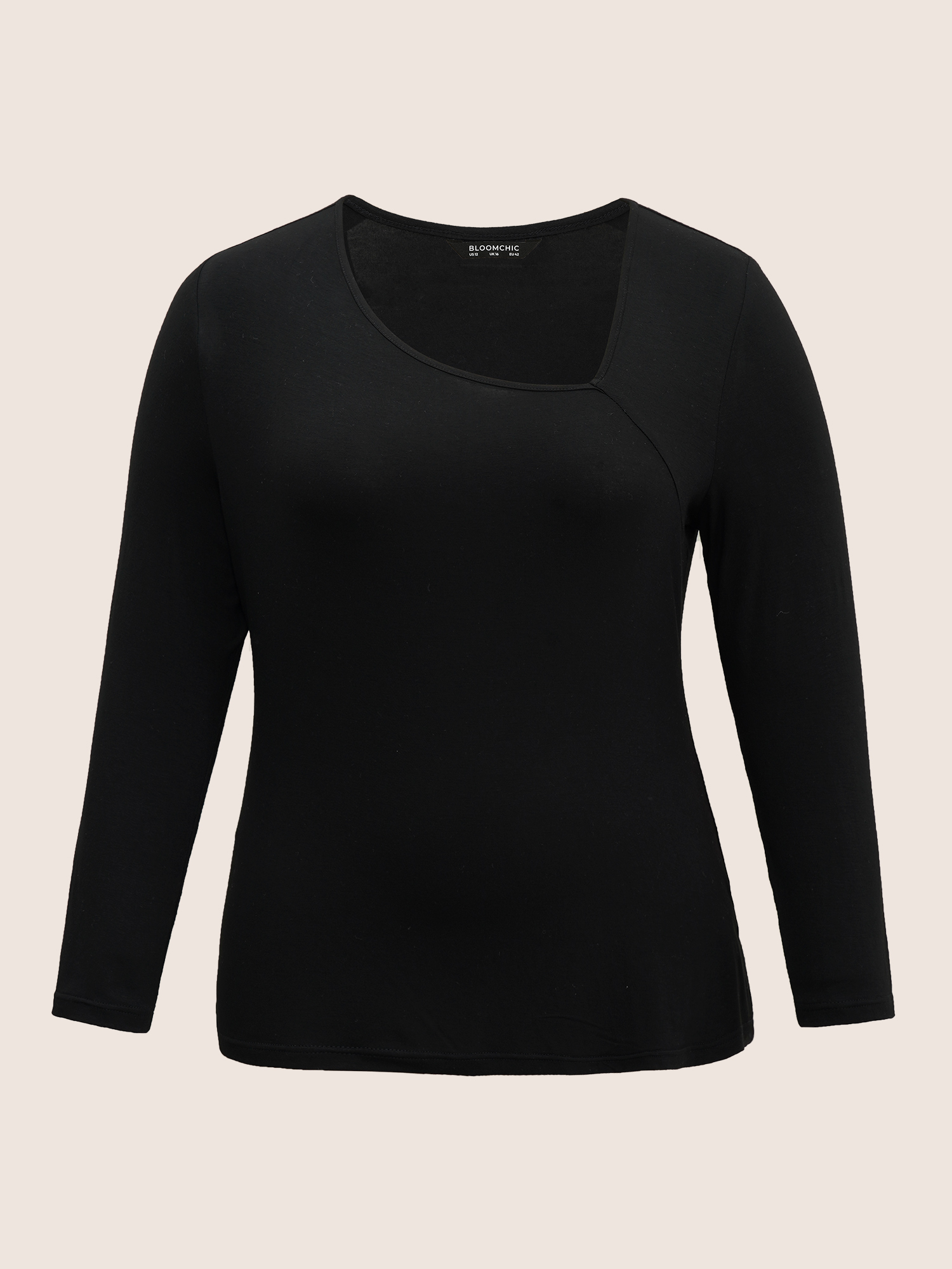 Plus Size Solid Asymmetrical Neck Knit T-shirt Black Women Elegant Non Plain Asymmetrical Neck Everyday T-shirts BloomChic 18-20/2X 