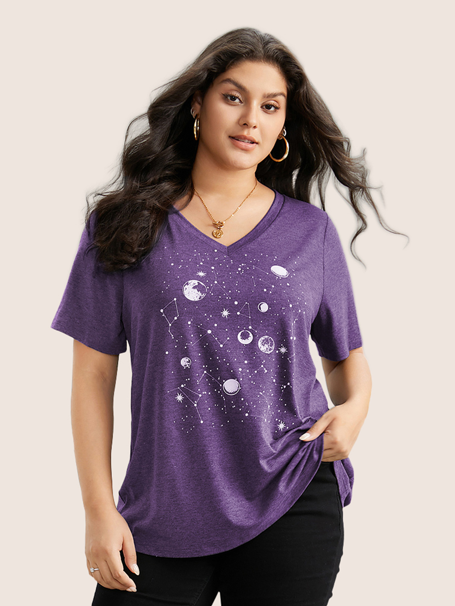 

Plus Size Moon and Star Print V Neck T-shirt Purple Women Casual Non Star and moon V-neck Everyday T-shirts BloomChic