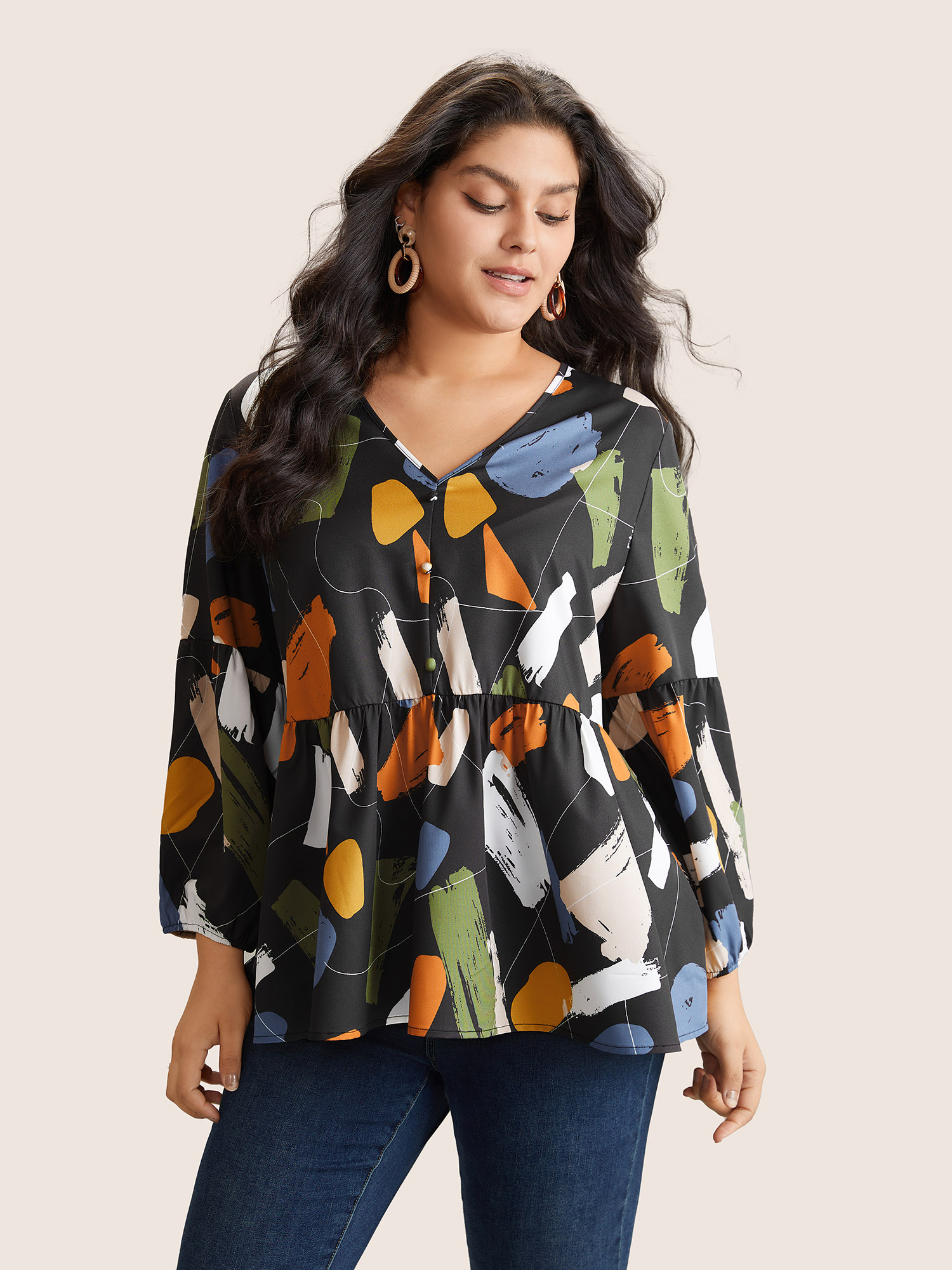 

Plus Size Black Brush Print Button Detail Elastic Cuffs Blouse Women Casual Long Sleeve V-neck Everyday Blouses BloomChic