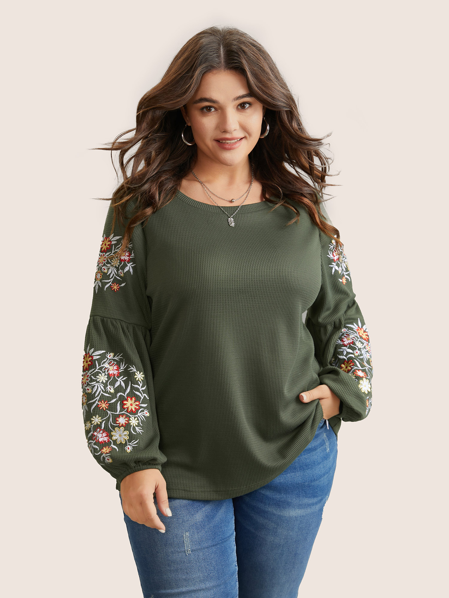 

Plus Size Waffle Knit Floral Embroidered Lantern Sleeve T-shirt ArmyGreen Women Elegant Texture Floral Round Neck Everyday T-shirts BloomChic