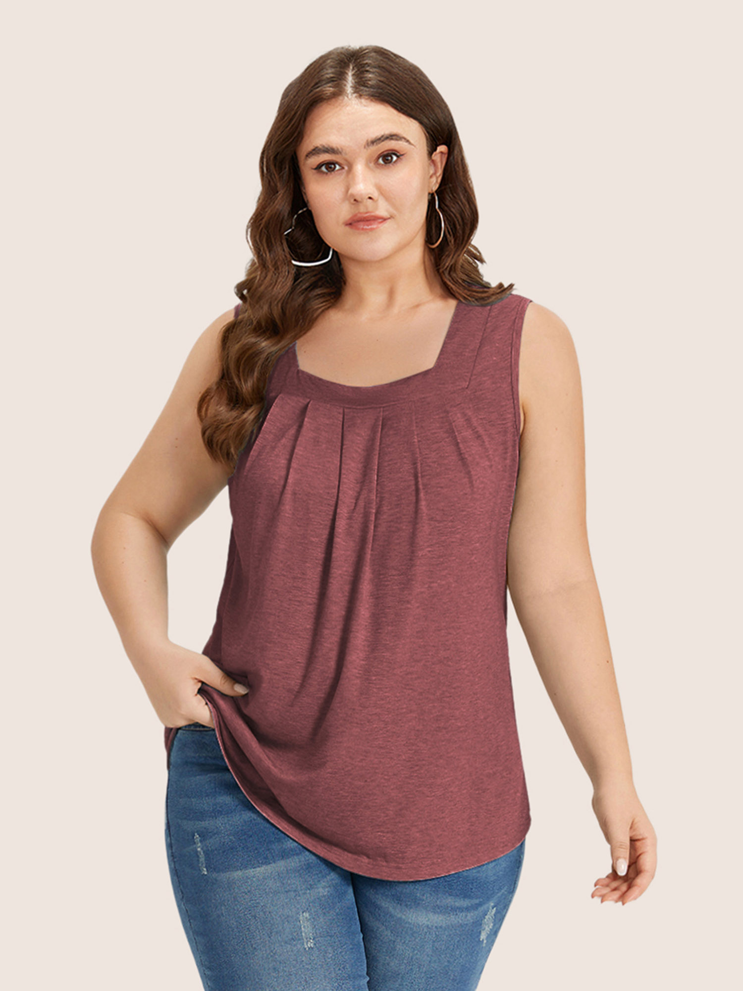 

Plus Size Heather Plicated Detail Square Neck Tank Top Women Russet Casual Non U-neck Everyday Tank Tops Camis BloomChic