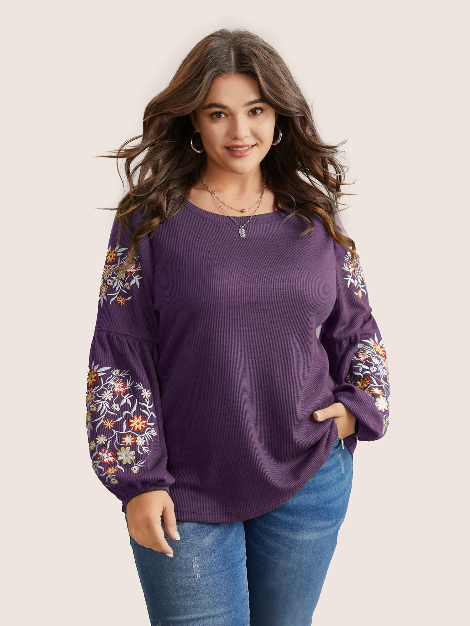 

Plus Size Waffle Knit Floral Embroidered Lantern Sleeve T-shirt Mauve Women Elegant Texture Floral Round Neck Everyday T-shirts BloomChic