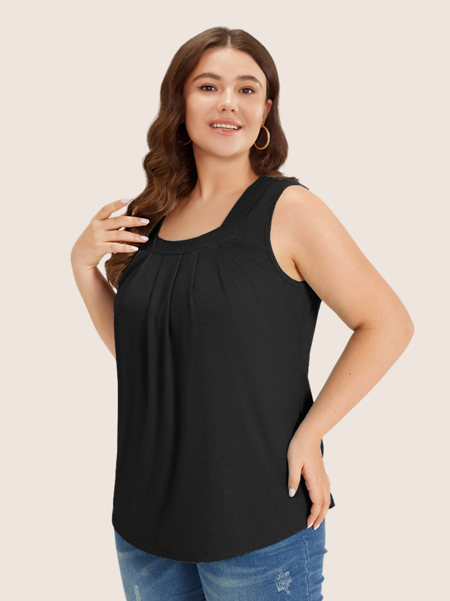 

Plus Size Heather Plicated Detail Square Neck Tank Top Women Black Casual Non U-neck Everyday Tank Tops Camis BloomChic