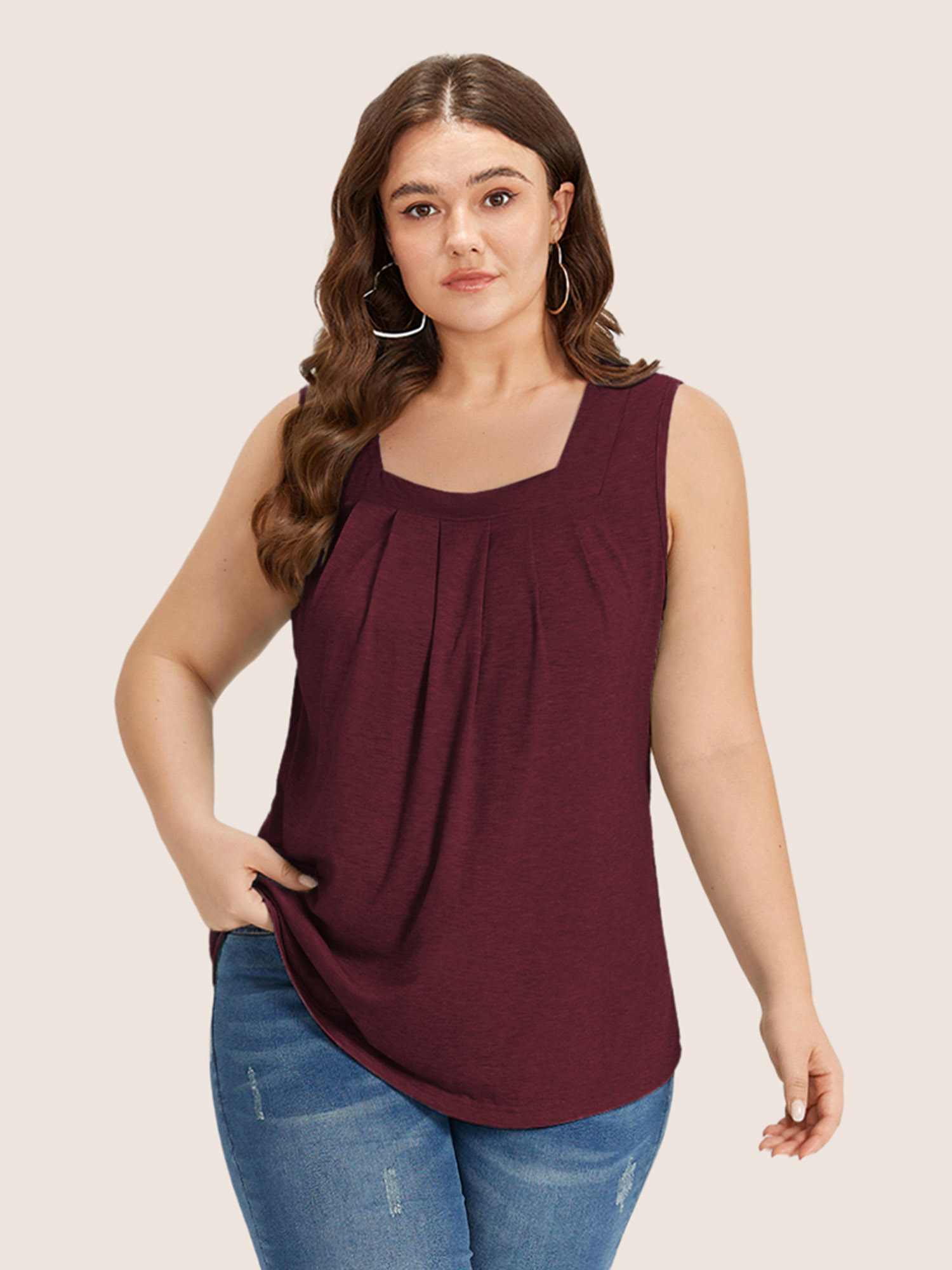 

Plus Size Heather Plicated Detail Square Neck Tank Top Women Scarlet Casual Non U-neck Everyday Tank Tops Camis BloomChic