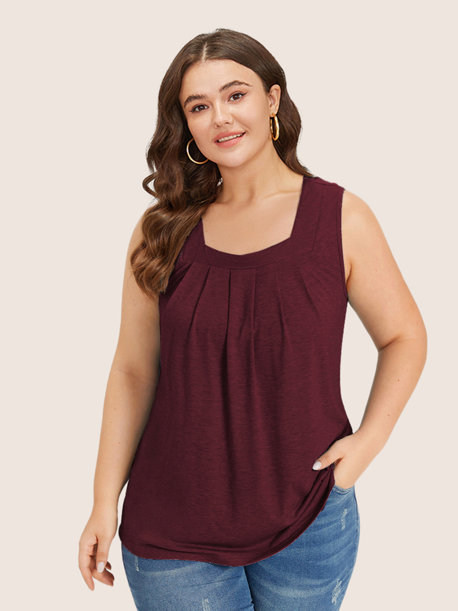 

Plus Size Heather Plicated Detail Square Neck Tank Top Women Scarlet Casual Non U-neck Everyday Tank Tops Camis BloomChic