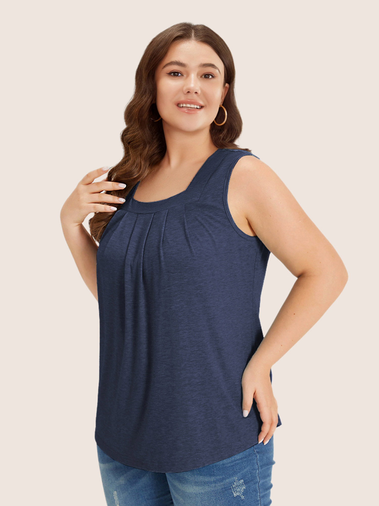 

Plus Size Heather Plicated Detail Square Neck Tank Top Women Indigo Casual Non U-neck Everyday Tank Tops Camis BloomChic