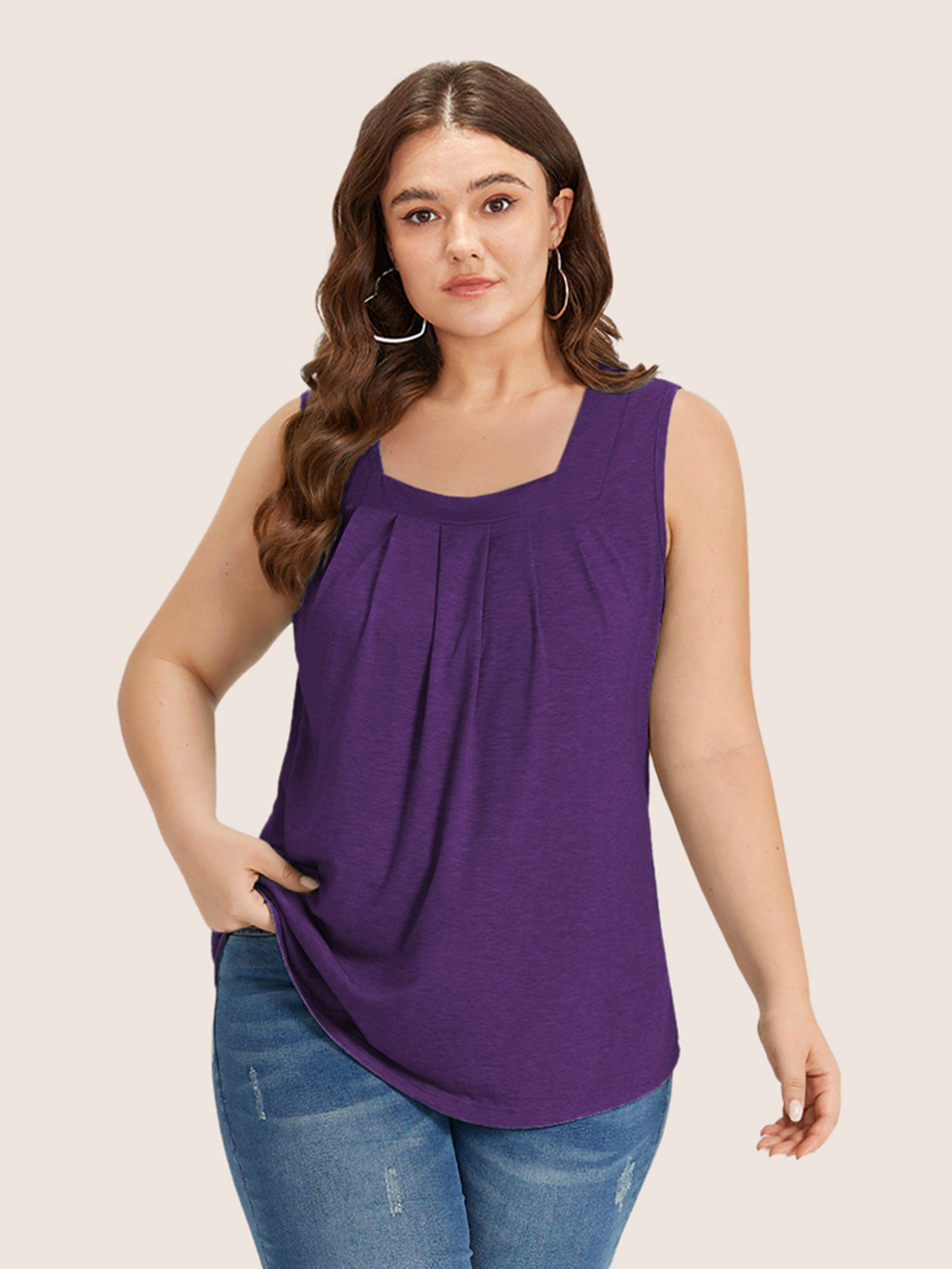 

Plus Size Heather Plicated Detail Square Neck Tank Top Women Purple Casual Non U-neck Everyday Tank Tops Camis BloomChic