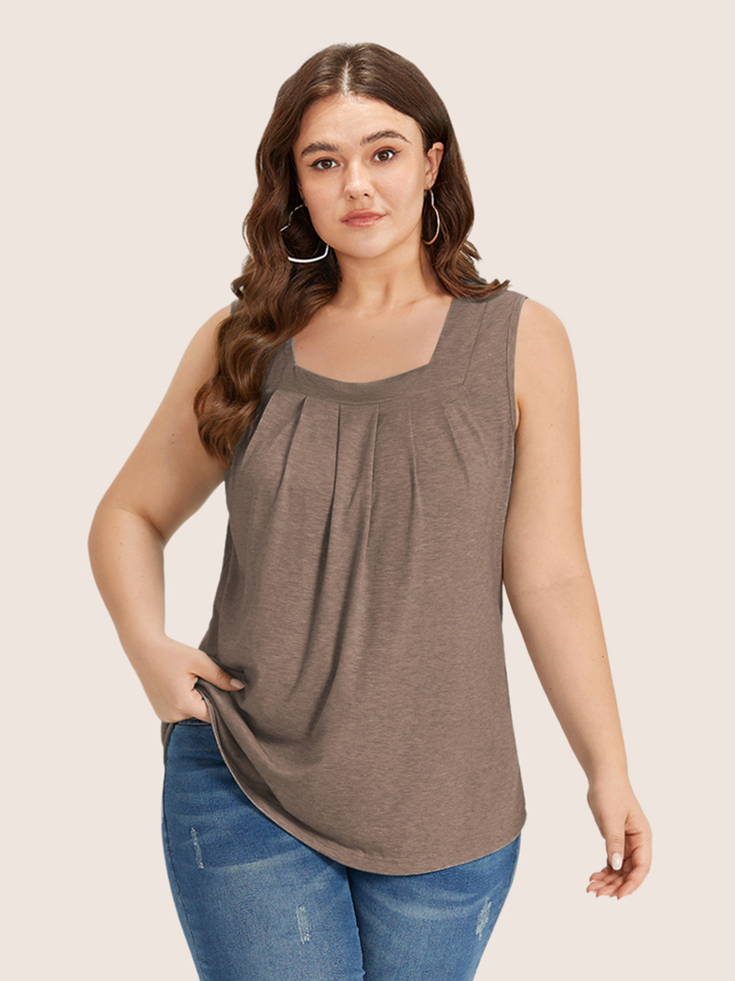 

Plus Size Heather Plicated Detail Square Neck Tank Top Women LightBrown Casual Non U-neck Everyday Tank Tops Camis BloomChic