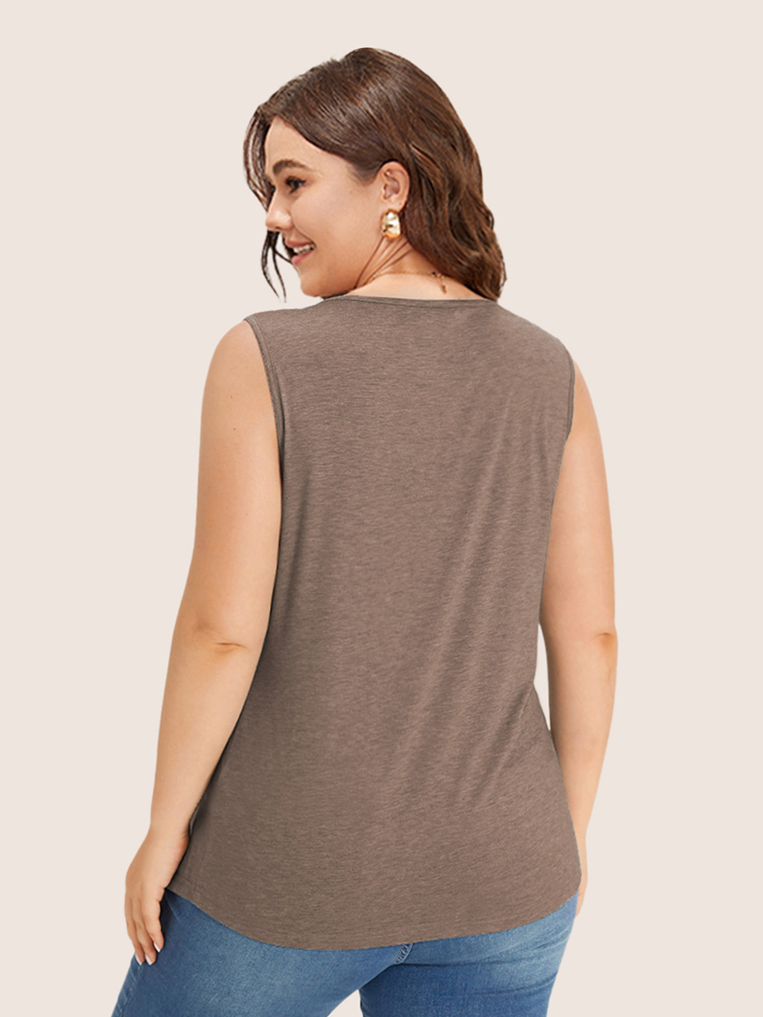 

Plus Size Heather Plicated Detail Square Neck Tank Top Women LightBrown Casual Non U-neck Everyday Tank Tops Camis BloomChic