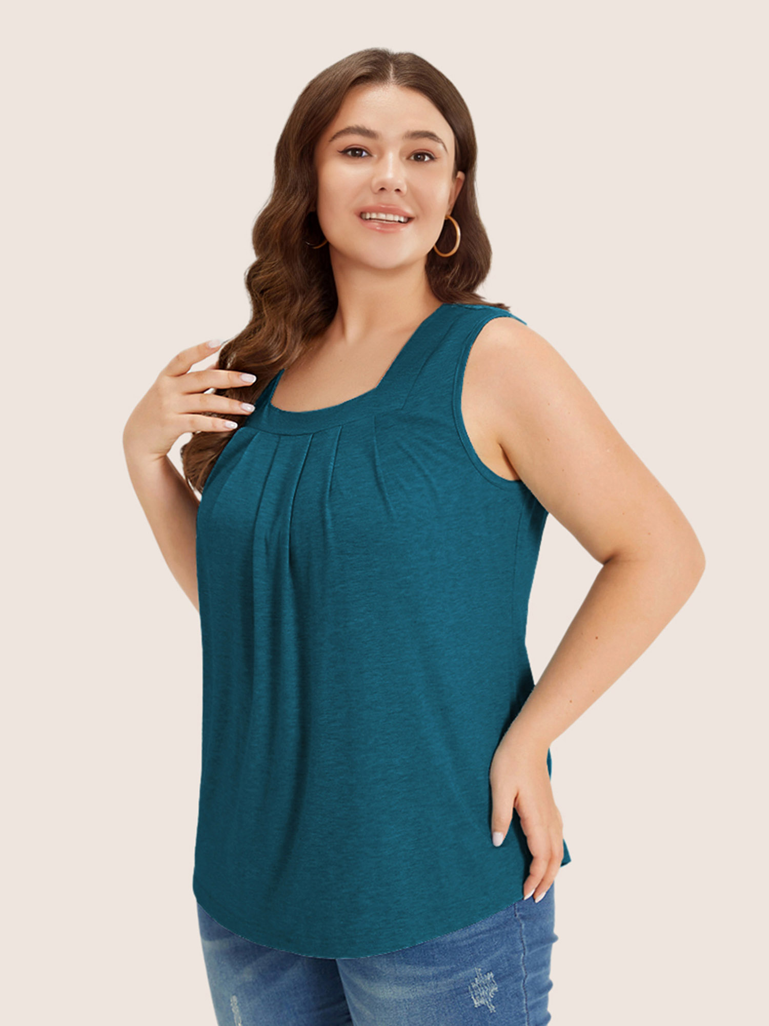 

Plus Size Heather Plicated Detail Square Neck Tank Top Women Aegean Casual Non U-neck Everyday Tank Tops Camis BloomChic