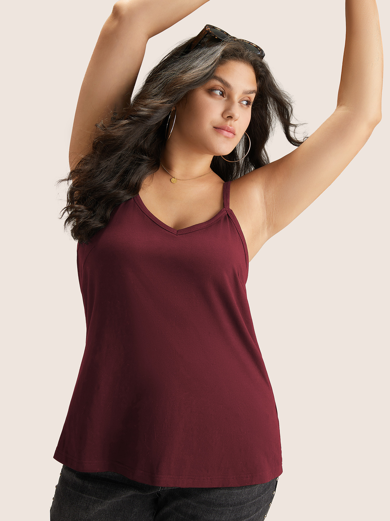 

Plus Size Cotton Plain Adjustable Straps Cami Top Women Burgundy Basics Non V-neck Everyday Tank Tops Camis BloomChic