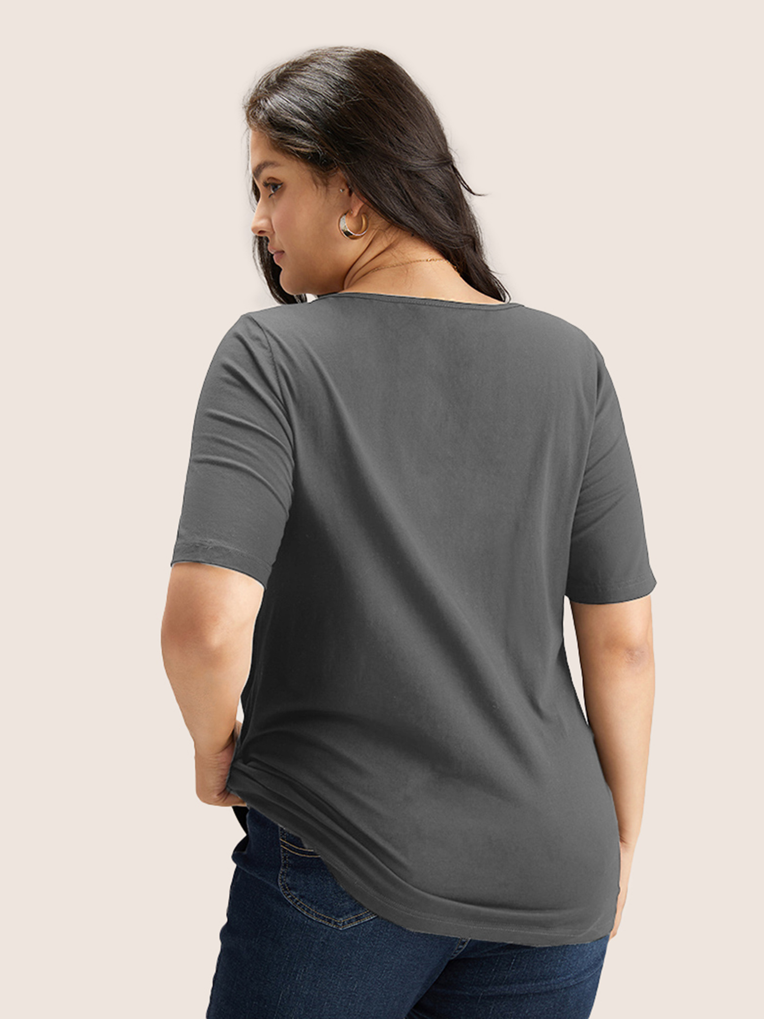 Plus Size Cotton V Neck Plain Basic T-shirt DimGray Women Basics Non Plain V-neck Everyday T-shirts BloomChic 26/4X 