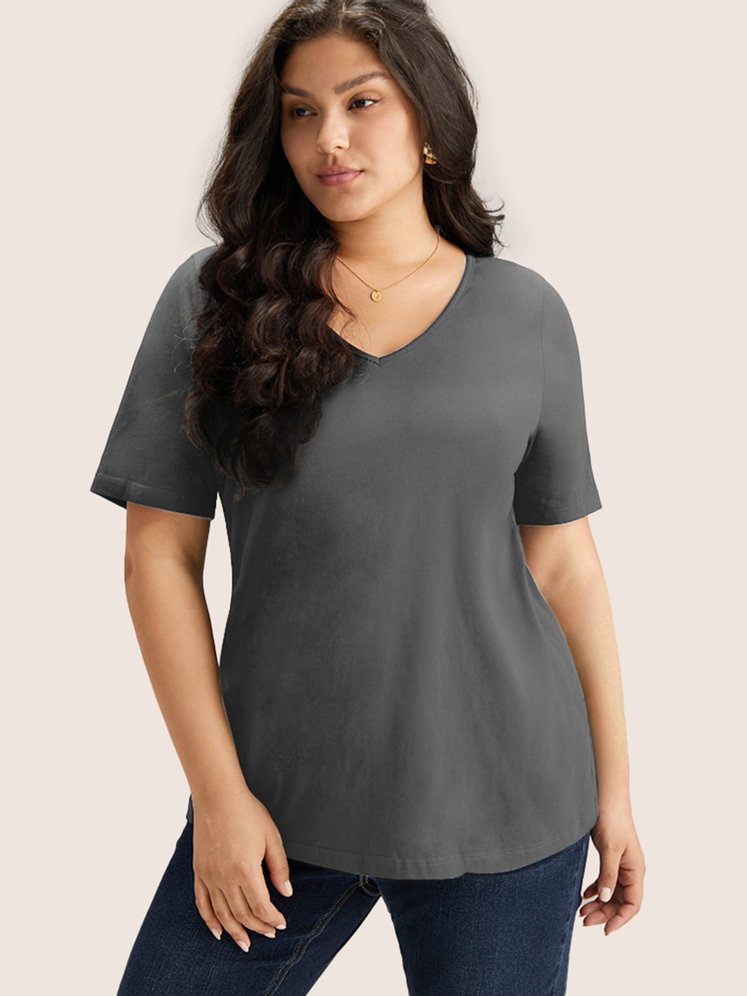 Plus Size Cotton V Neck Plain Basic T-shirt DimGray Women Basics Non Plain V-neck Everyday T-shirts BloomChic 26/4X 