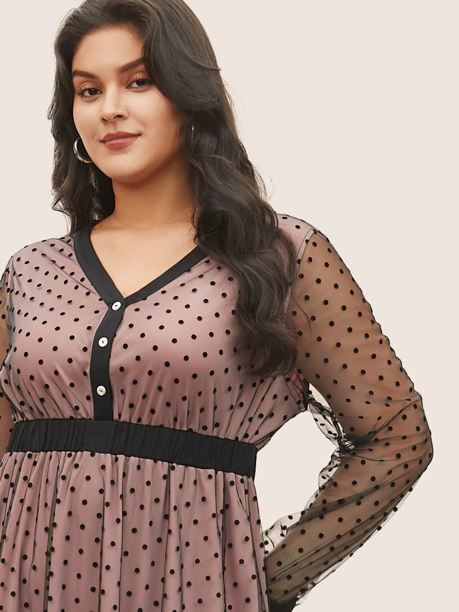 

Plus Size Flocking Polka Dot Tiered Mesh Dress DustyPink Women At the Office Non V-neck Long Sleeve Curvy Midi Dress BloomChic