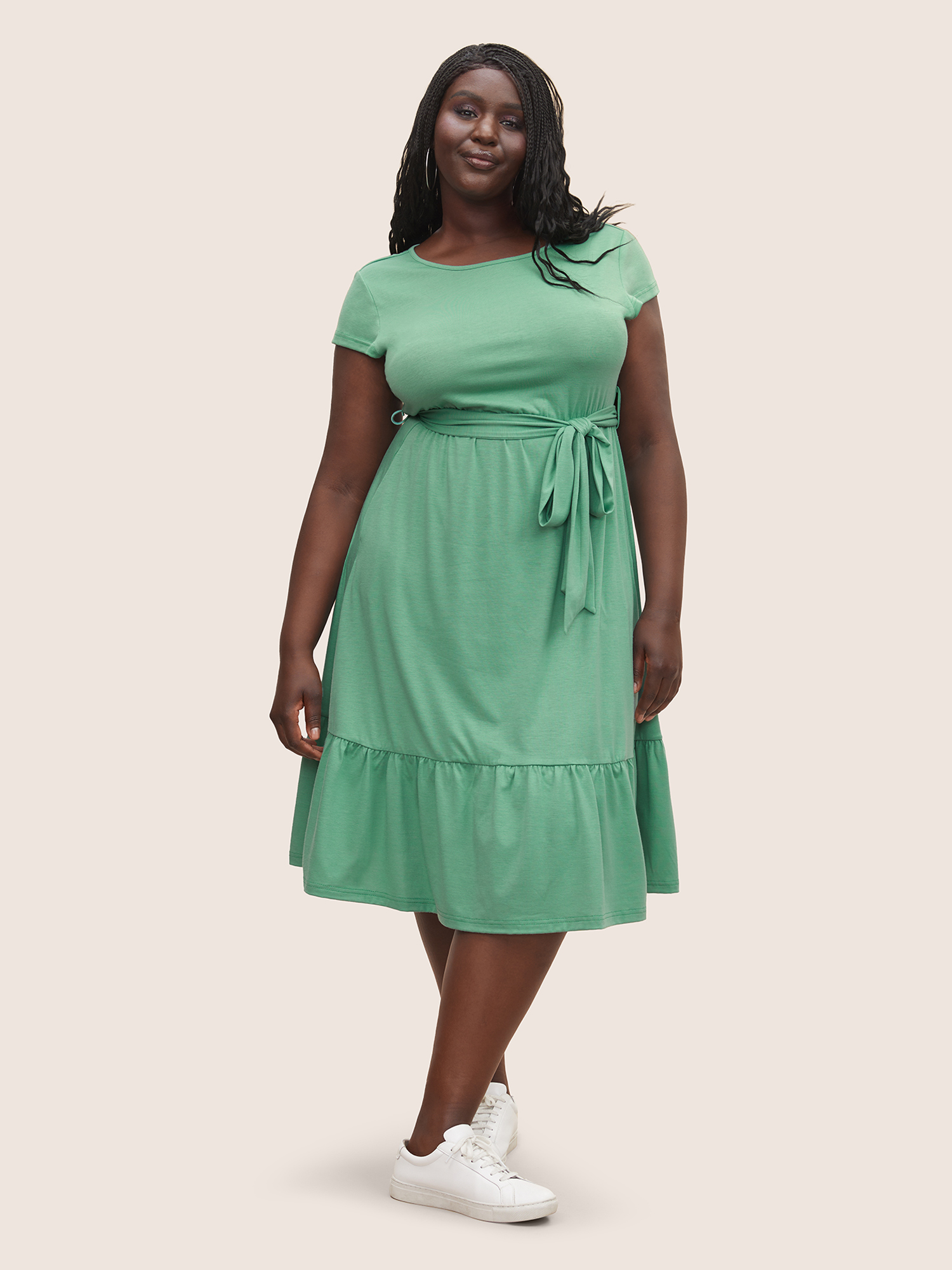 

Plus Size Supersoft Essentials Solid Belted Patchwork Hem Dress Mint Women Basics Non Round Neck Cap Sleeve Curvy Midi Dress BloomChic