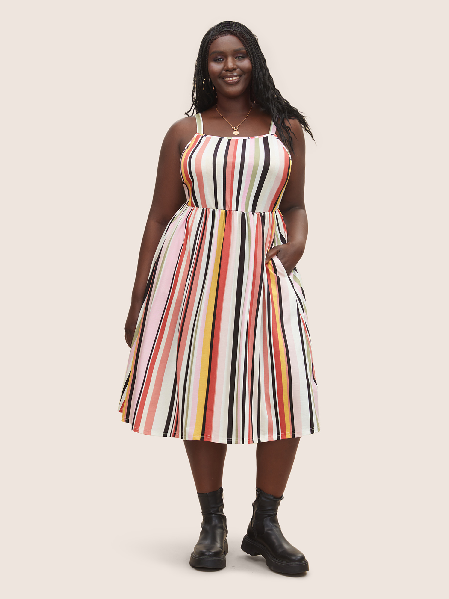 

Plus Size Color Striped Pocket Adjustable Straps Midi Dress Multicolor Women Casual Non Non Sleeveless Curvy Midi Dress BloomChic