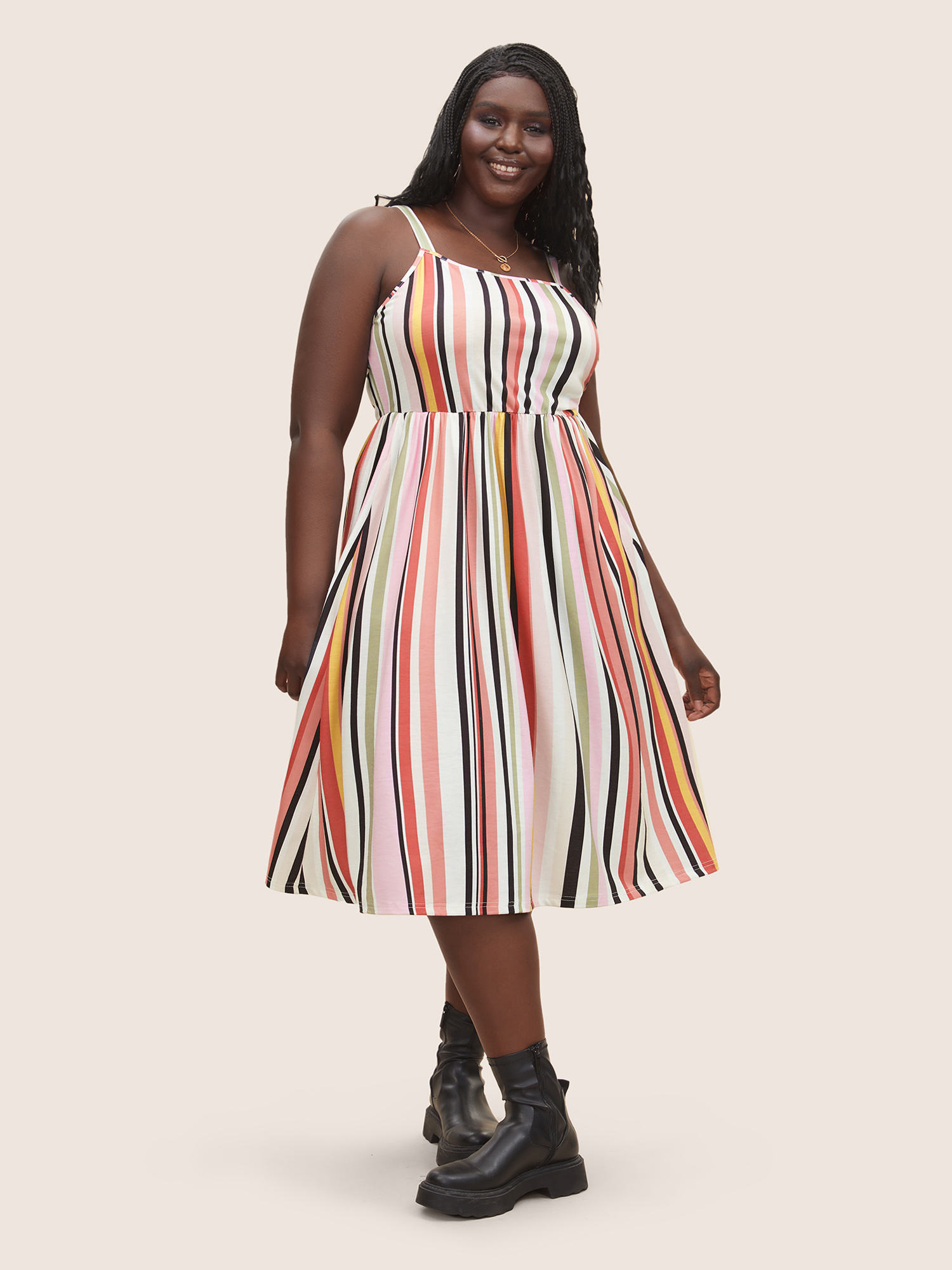 Plus Size Color Striped Pocket Adjustable Straps Midi Dress Multicolor Women Casual Non Non Sleeveless Curvy Midi Dress BloomChic 28/5X 